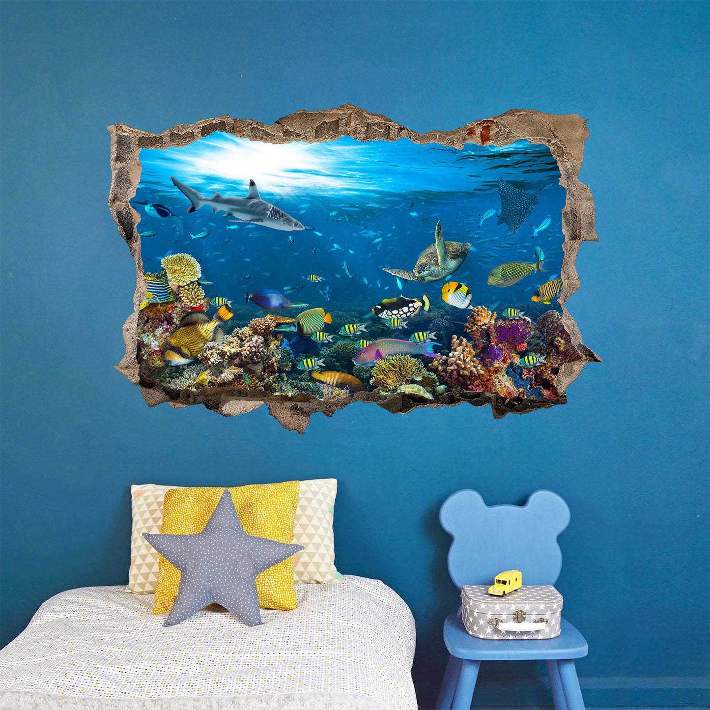 Underwater Sealife 3D Wall Decal - Colorful Ocean World Behind Broken Wall - BW021
