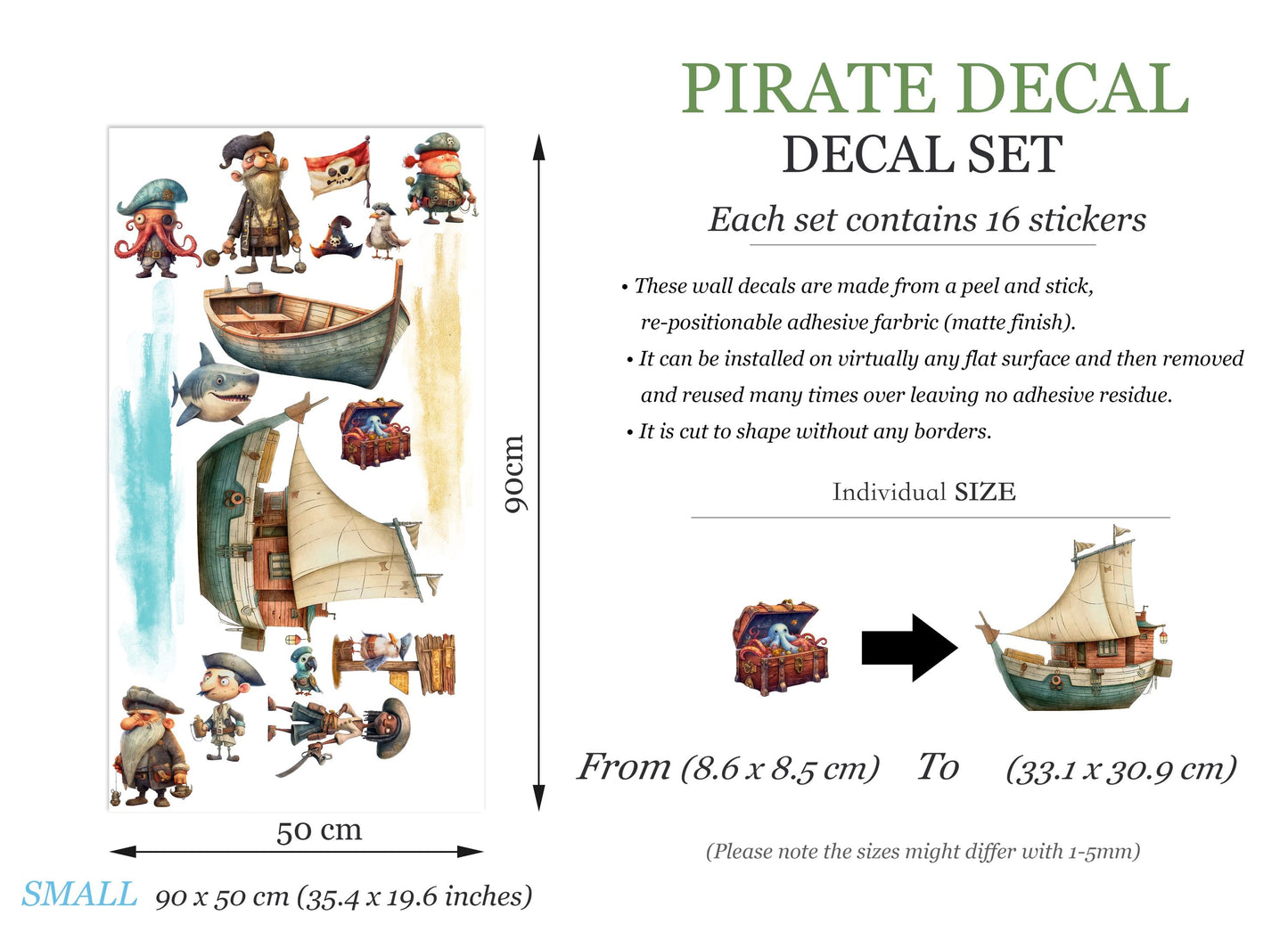 Pirate Ship Adventure Wall Decal - Octopus Captain, Shark Pirates & Treasure - BR495
