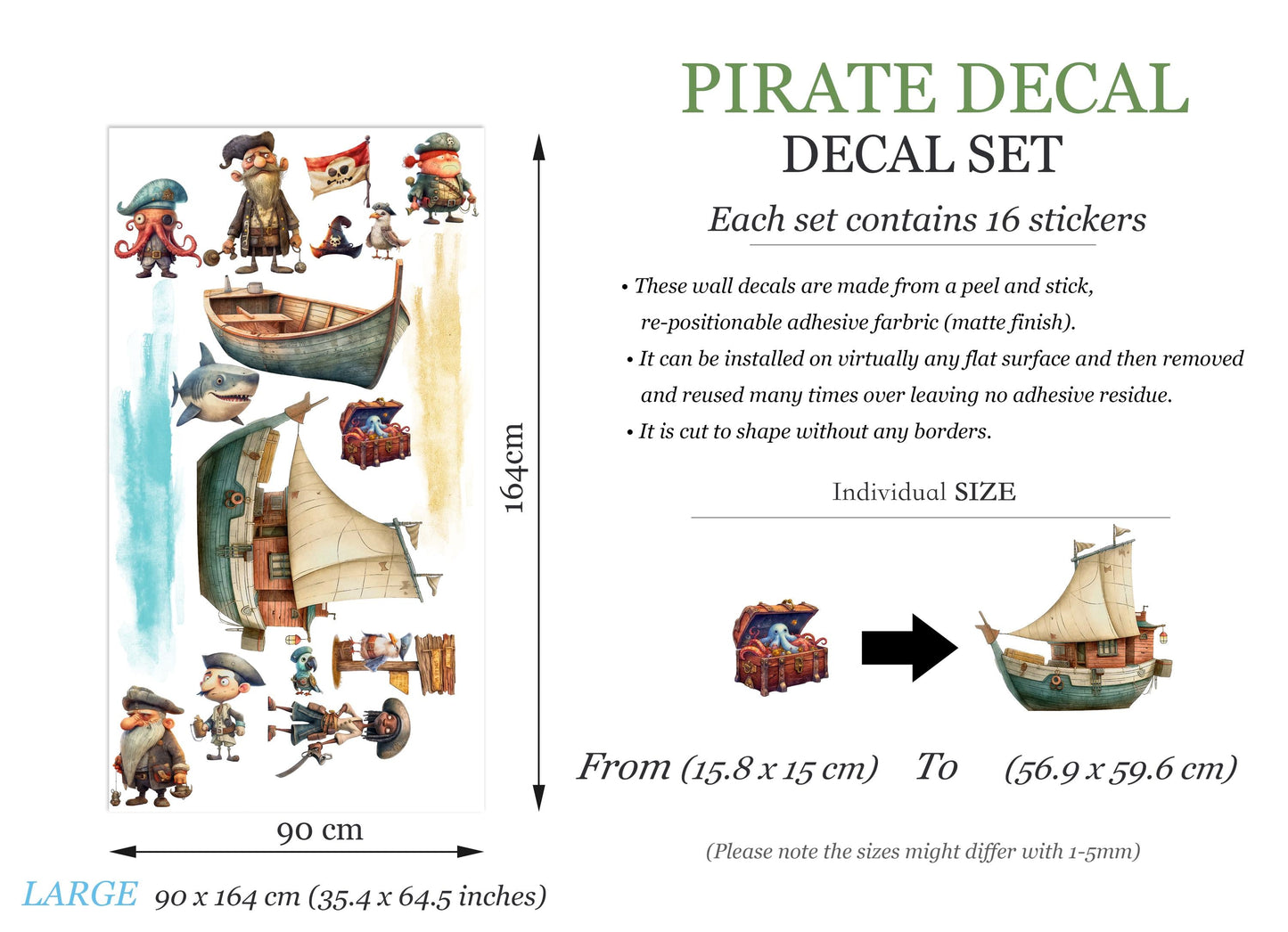 Pirate Ship Adventure Wall Decal - Octopus Captain, Shark Pirates & Treasure - BR495