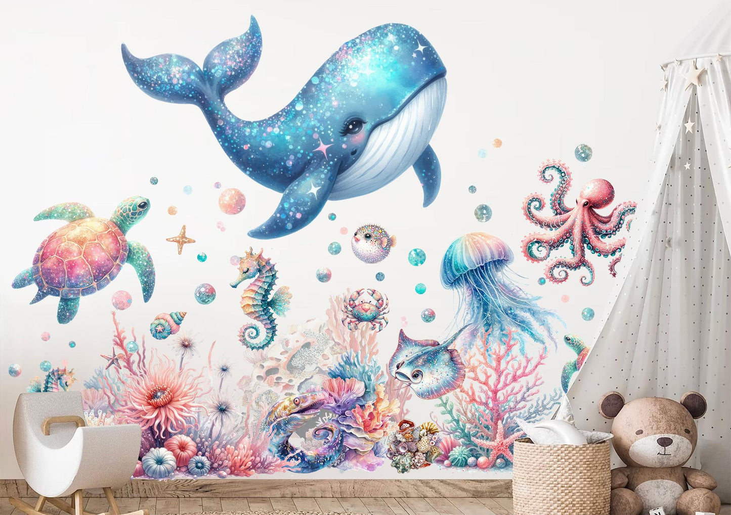 Blue Ocean Creatures Wall Decal - Whales, Seahorses, Turtles & Octopuses - Removable Peel and Stick Sticker - BR496