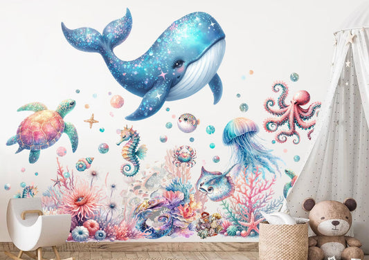 Blue Ocean Creatures Wall Decal - Whales, Seahorses, Turtles & Octopuses - Removable Peel and Stick Sticker - BR496