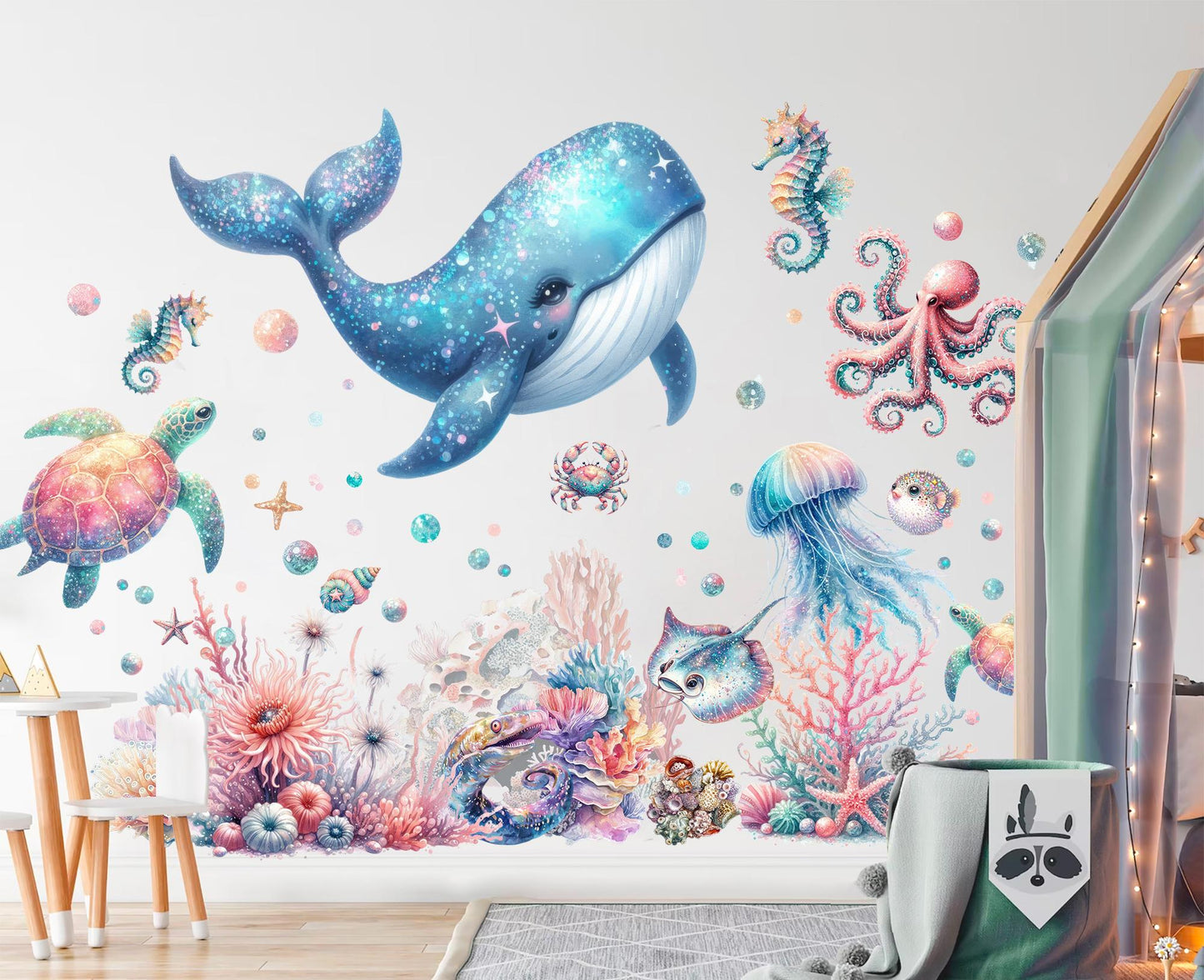 Blue Ocean Creatures Wall Decal - Whales, Seahorses, Turtles & Octopuses - Removable Peel and Stick Sticker - BR496