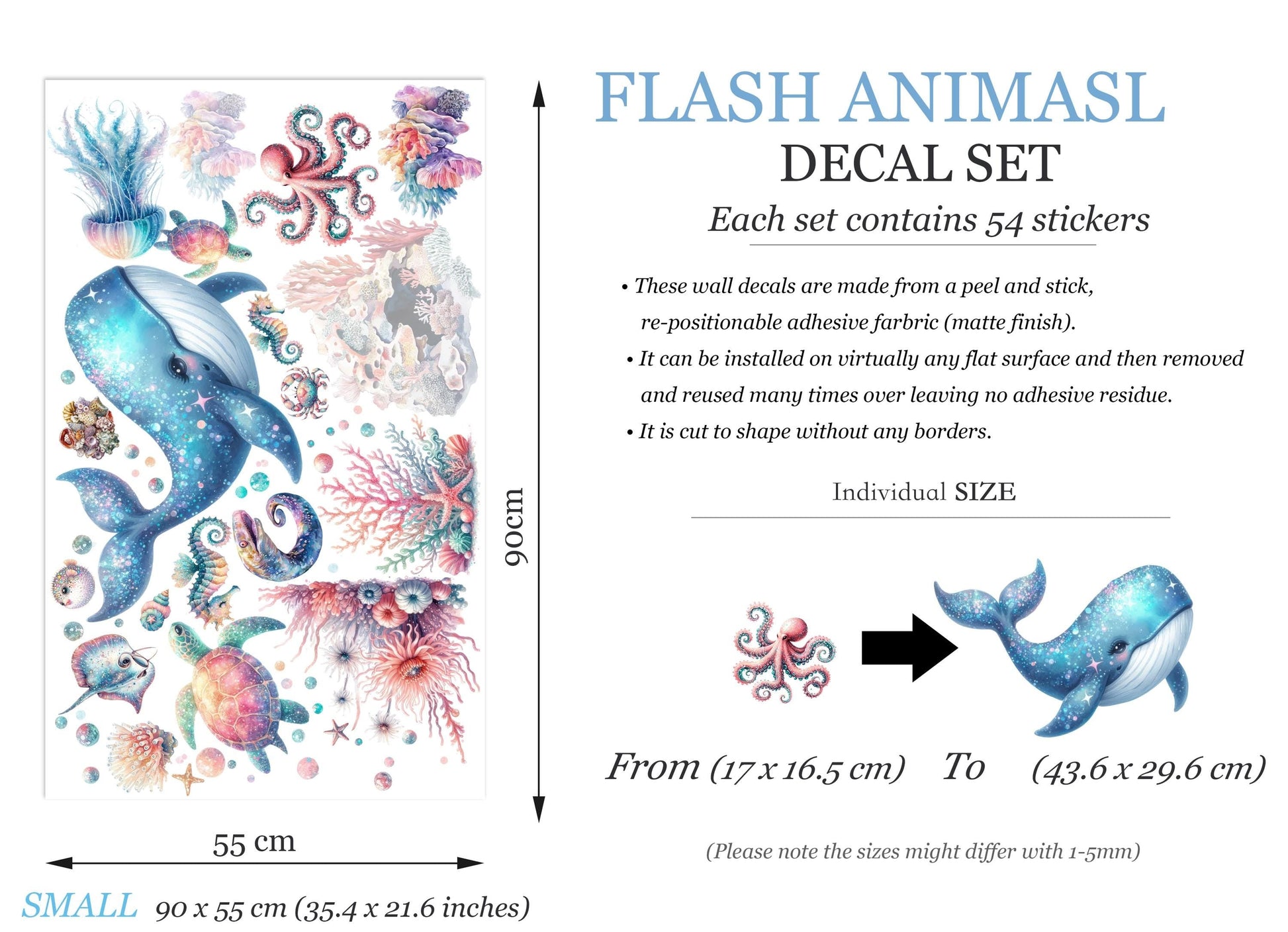 Blue Ocean Creatures Wall Decal - Whales, Seahorses, Turtles & Octopuses - Removable Peel and Stick Sticker - BR496