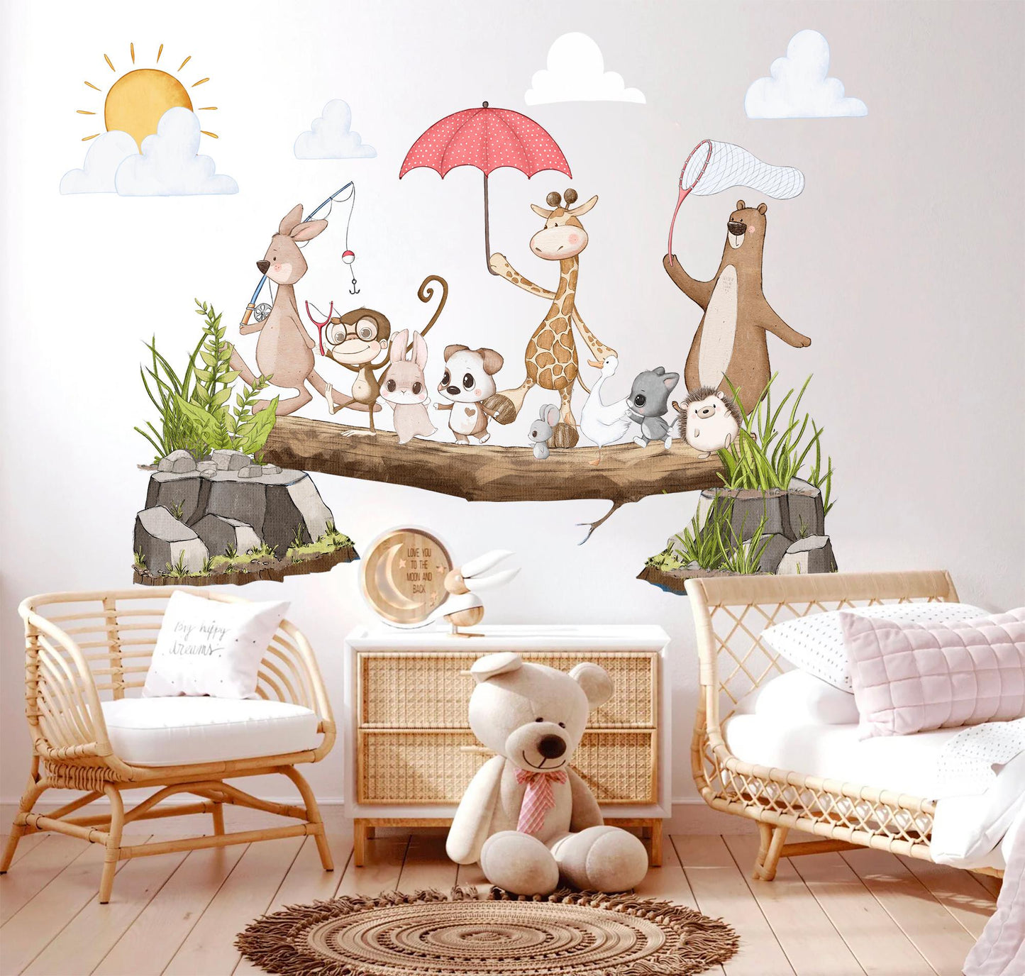 Spring Adventure Animals Wall Decal - Koala, Giraffe, Bear, and Playful Puppies - Wall Art for Kids' Rooms - BR498