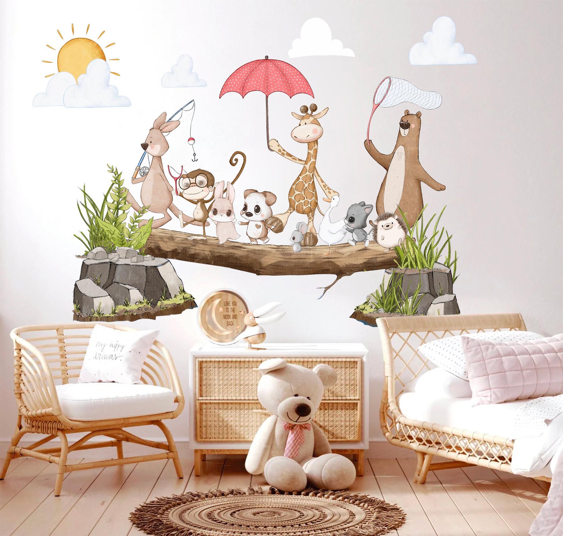 Spring Adventure Animals Wall Decal - Koala, Giraffe, Bear, and Playful Puppies - Wall Art for Kids' Rooms - BR498