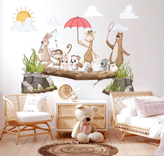 Spring Adventure Animals Wall Decal - Koala, Giraffe, Bear, and Playful Puppies - Wall Art for Kids' Rooms - BR498