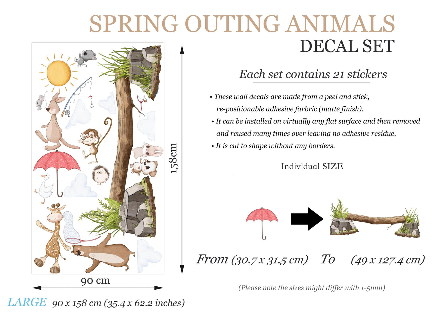 Spring Adventure Animals Wall Decal - Koala, Giraffe, Bear, and Playful Puppies - Wall Art for Kids' Rooms - BR498