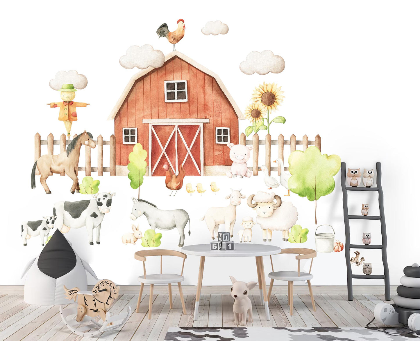 Farm Animal Wall Decals: Rooster, Cow, Goat, Pig, Donkey & Horse - Nursery Room Decor - BR505