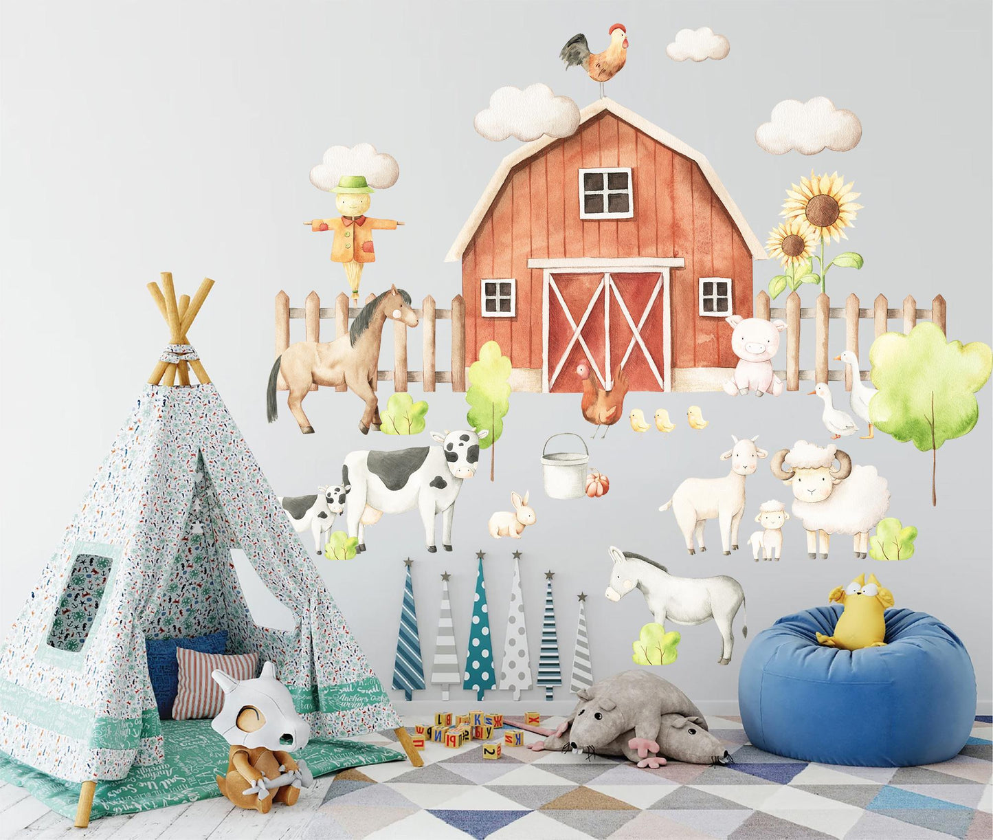Farm Animal Wall Decals: Rooster, Cow, Goat, Pig, Donkey & Horse - Nursery Room Decor - BR505
