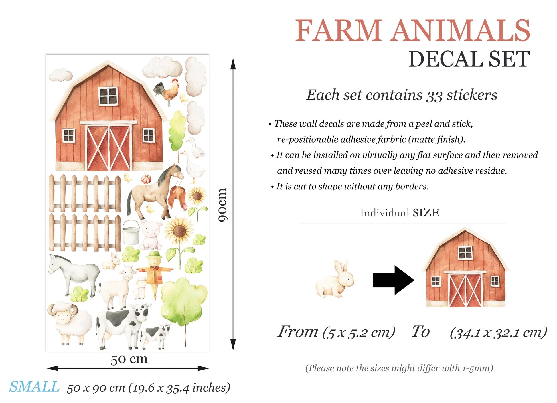 Farm Animal Wall Decals: Rooster, Cow, Goat, Pig, Donkey & Horse - Nursery Room Decor - BR505
