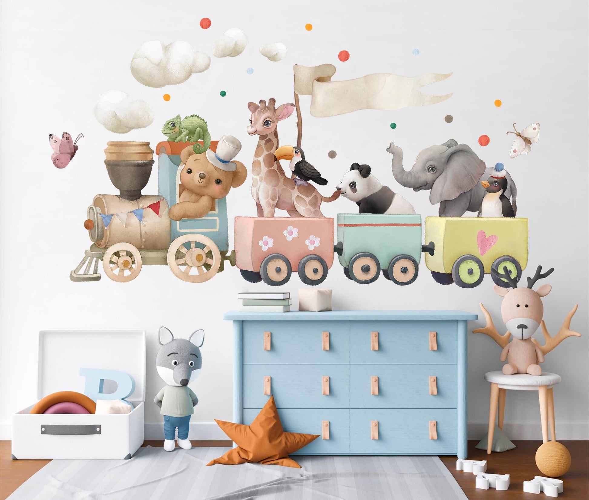 Animal Train Wall Decals: Elephant, Giraffe, Panda, Penguin & Bear - Kids Room Decor-BR500