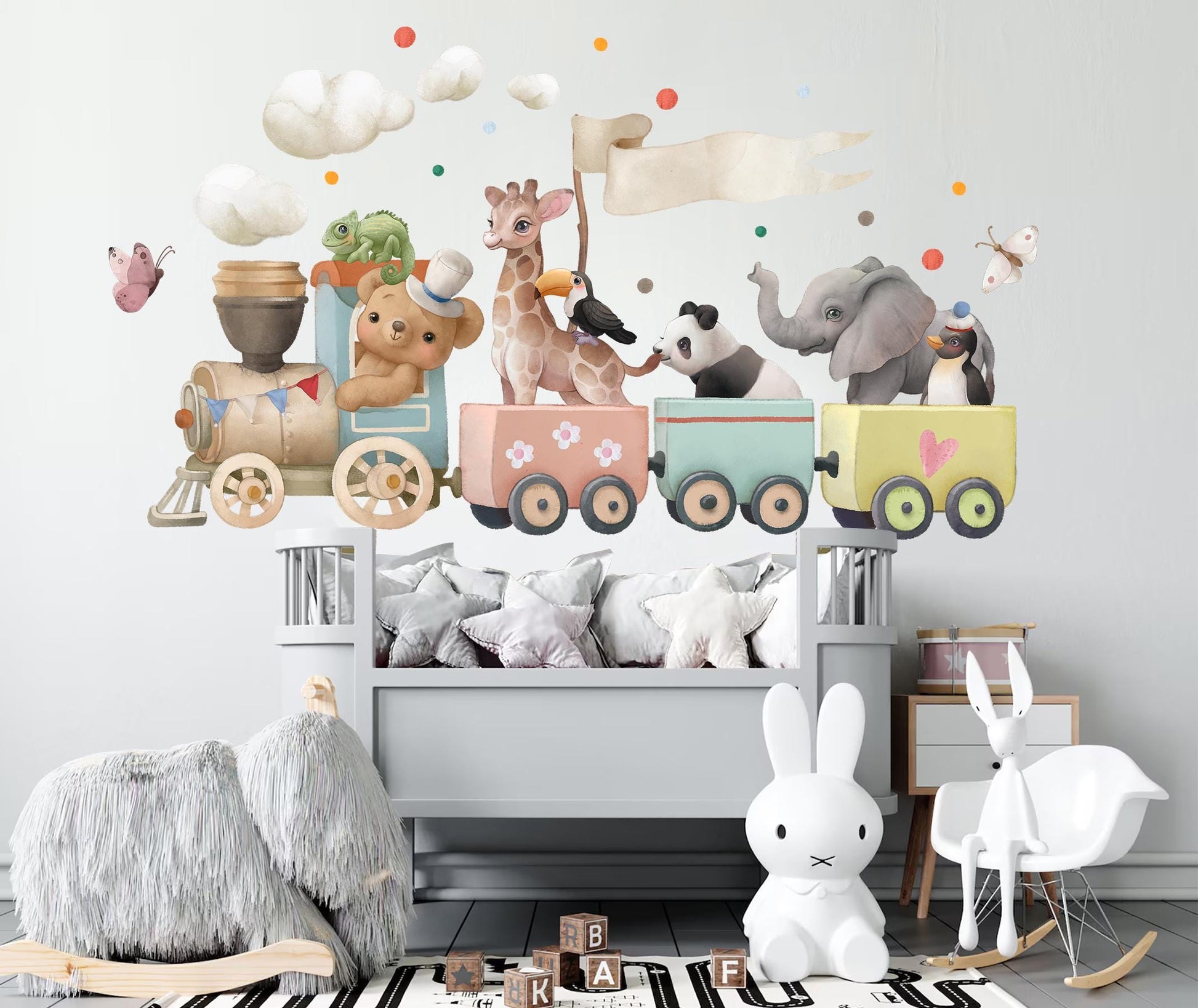 Animal Train Wall Decals: Elephant, Giraffe, Panda, Penguin & Bear - Kids Room Decor-BR500
