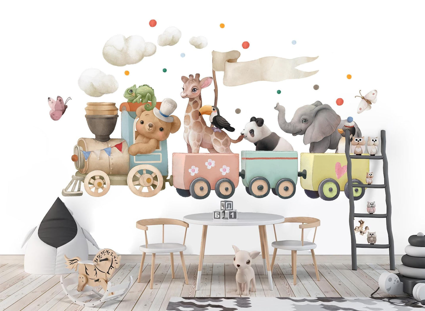 Animal Train Wall Decals: Elephant, Giraffe, Panda, Penguin & Bear - Kids Room Decor-BR500