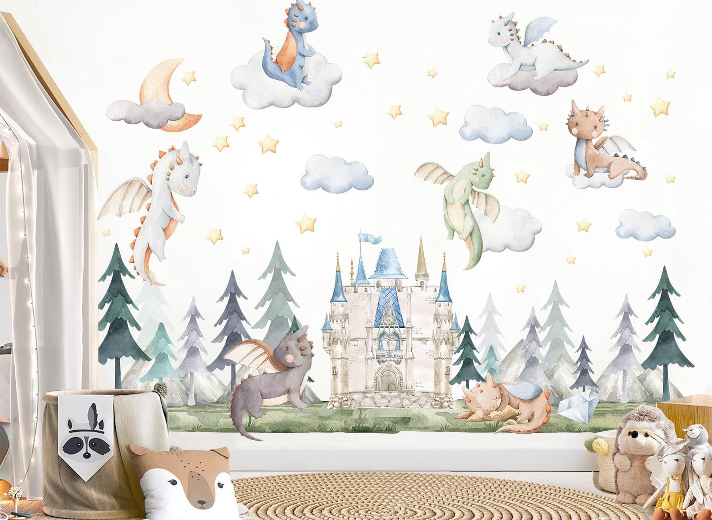 Baby Dragons Wall Decal: Dragons Flying over Cloud Guarding Castle - Kids Room Decor - BR502