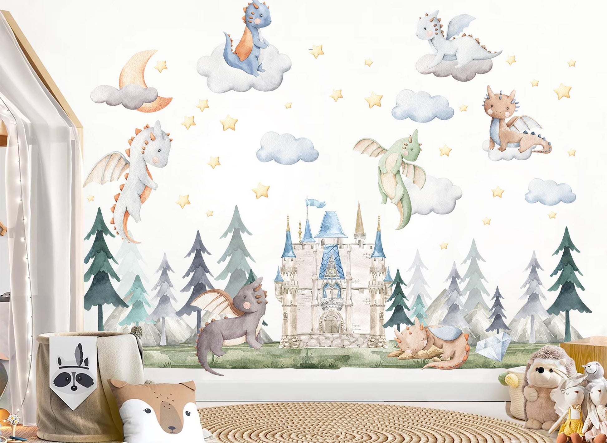 Baby Dragons Wall Decal: Dragons Flying over Cloud Guarding Castle - Kids Room Decor - BR502
