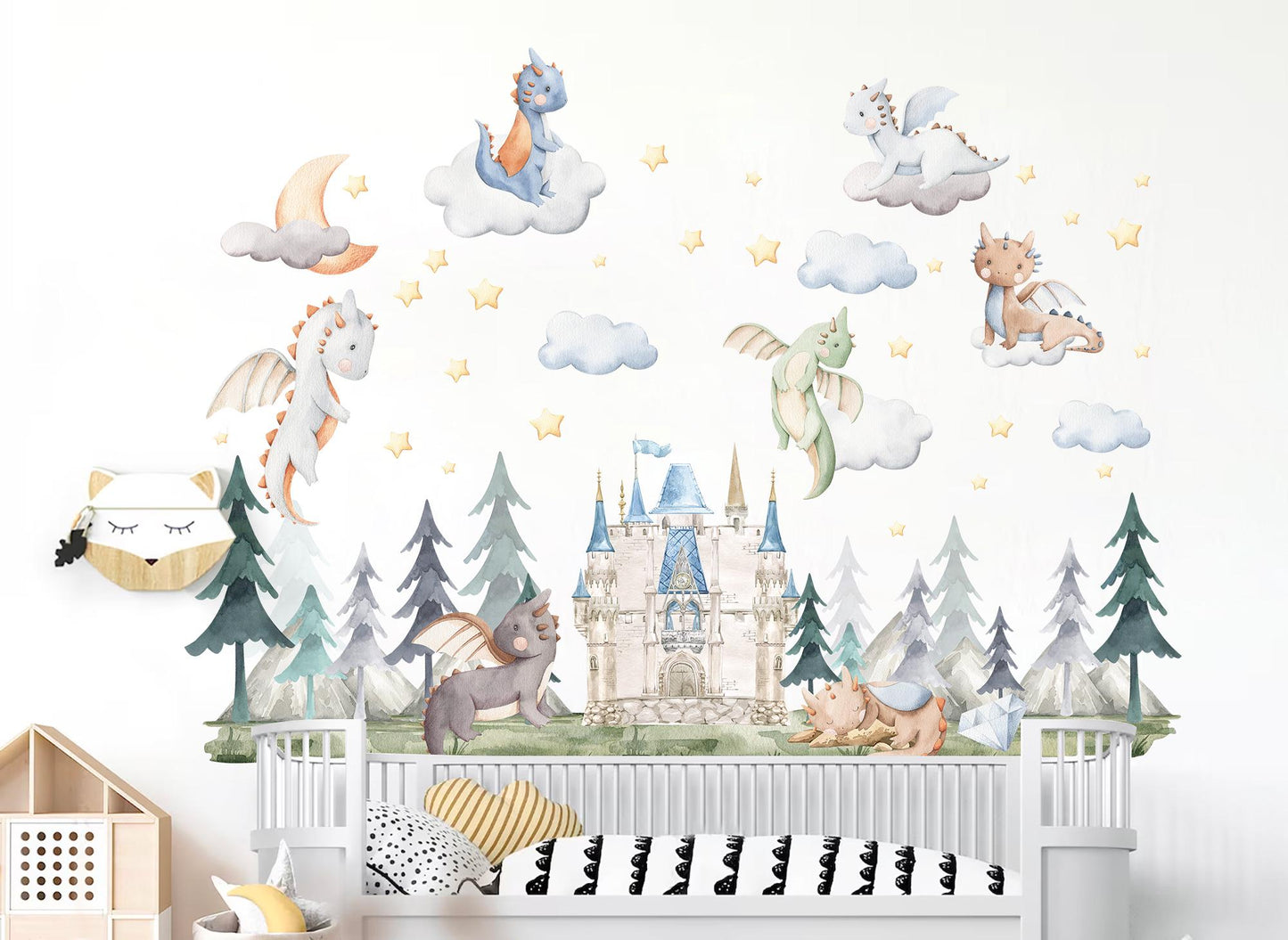Baby Dragons Wall Decal: Dragons Flying over Cloud Guarding Castle - Kids Room Decor - BR502