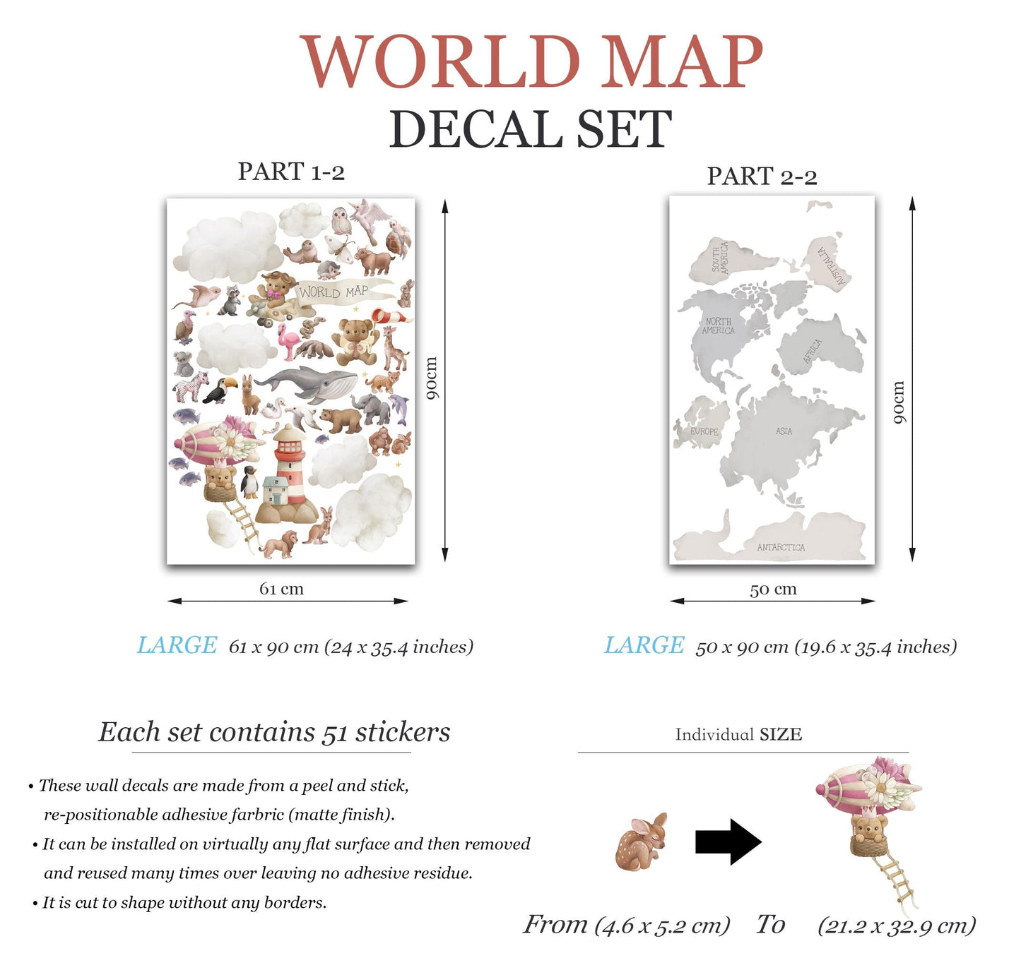 World Animal Map Wall Decal: Giraffe, Koala, Whale & More - Kids Room Decor-BR503