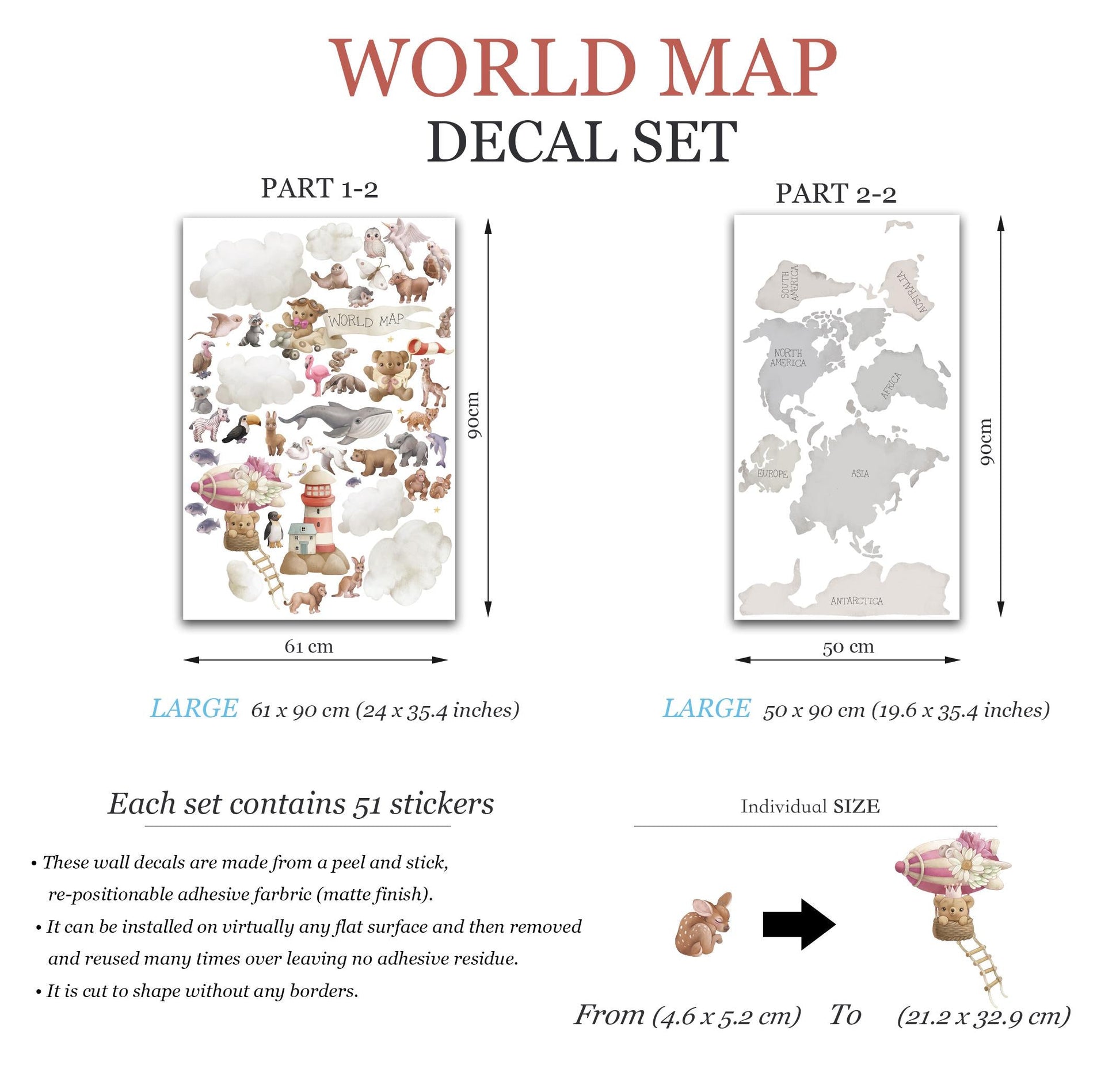 World Animal Map Wall Decal: Giraffe, Koala, Whale & More - Kids Room Decor-BR503