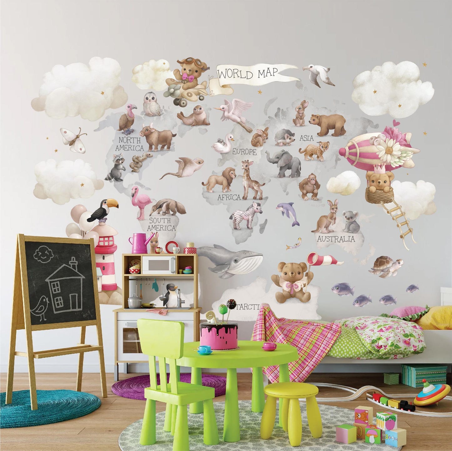 World Animal Map Wall Decal: Giraffe, Koala, Whale & More - Kids Room Decor-BR503