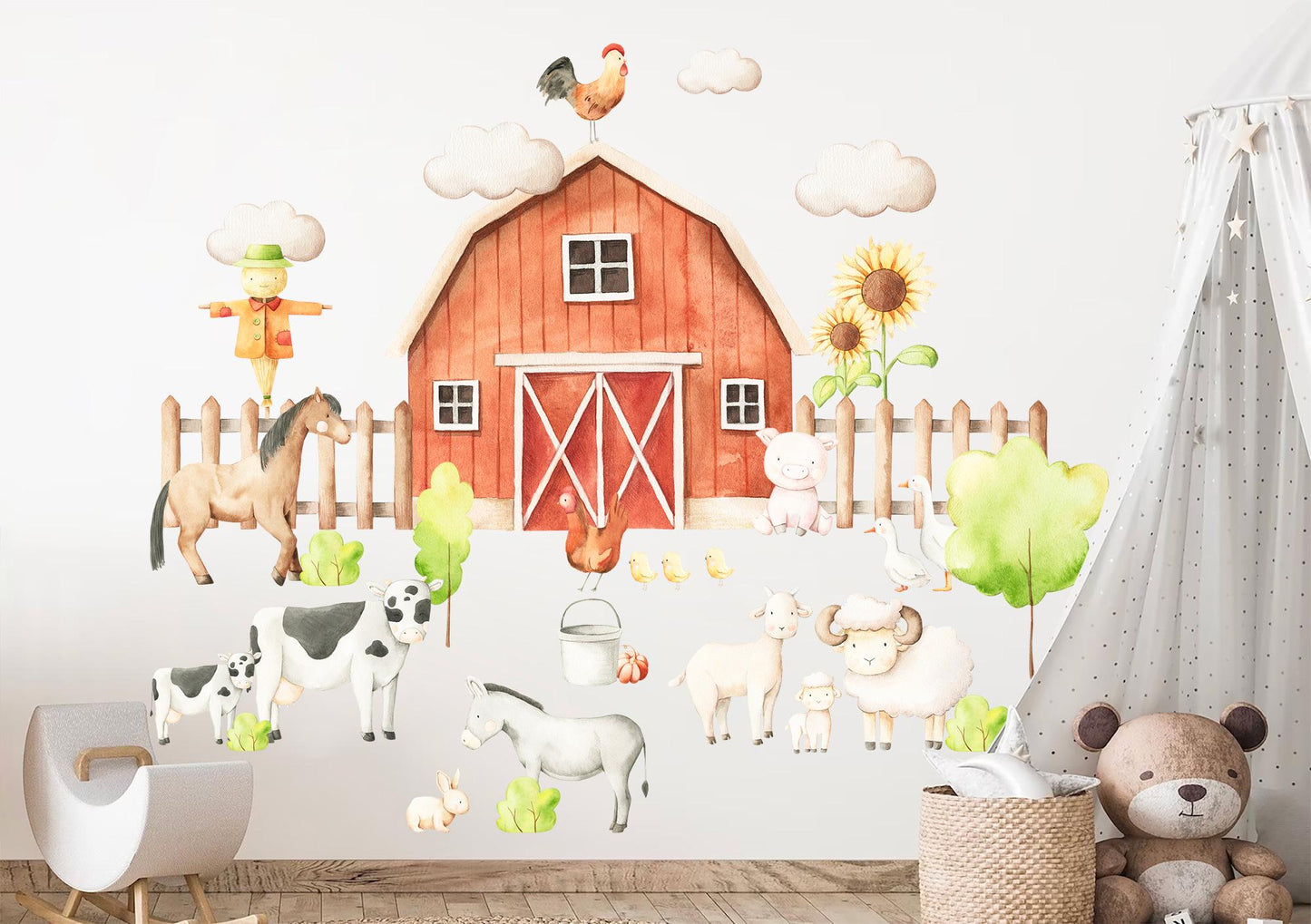 Farm Animal Wall Decals: Rooster, Cow, Goat, Pig, Donkey & Horse - Nursery Room Decor - BR505
