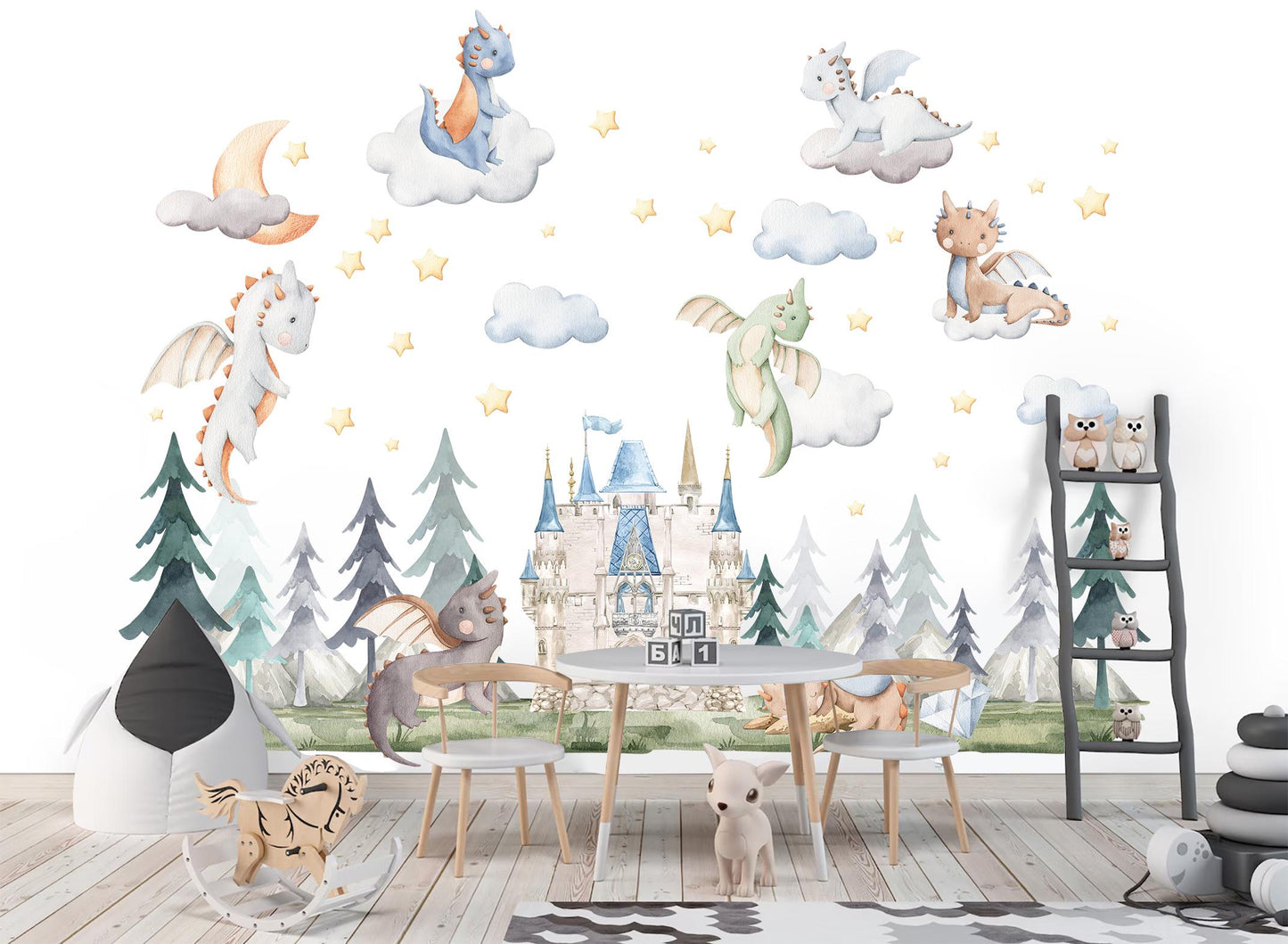 Baby Dragons Wall Decal: Dragons Flying over Cloud Guarding Castle - Kids Room Decor - BR502