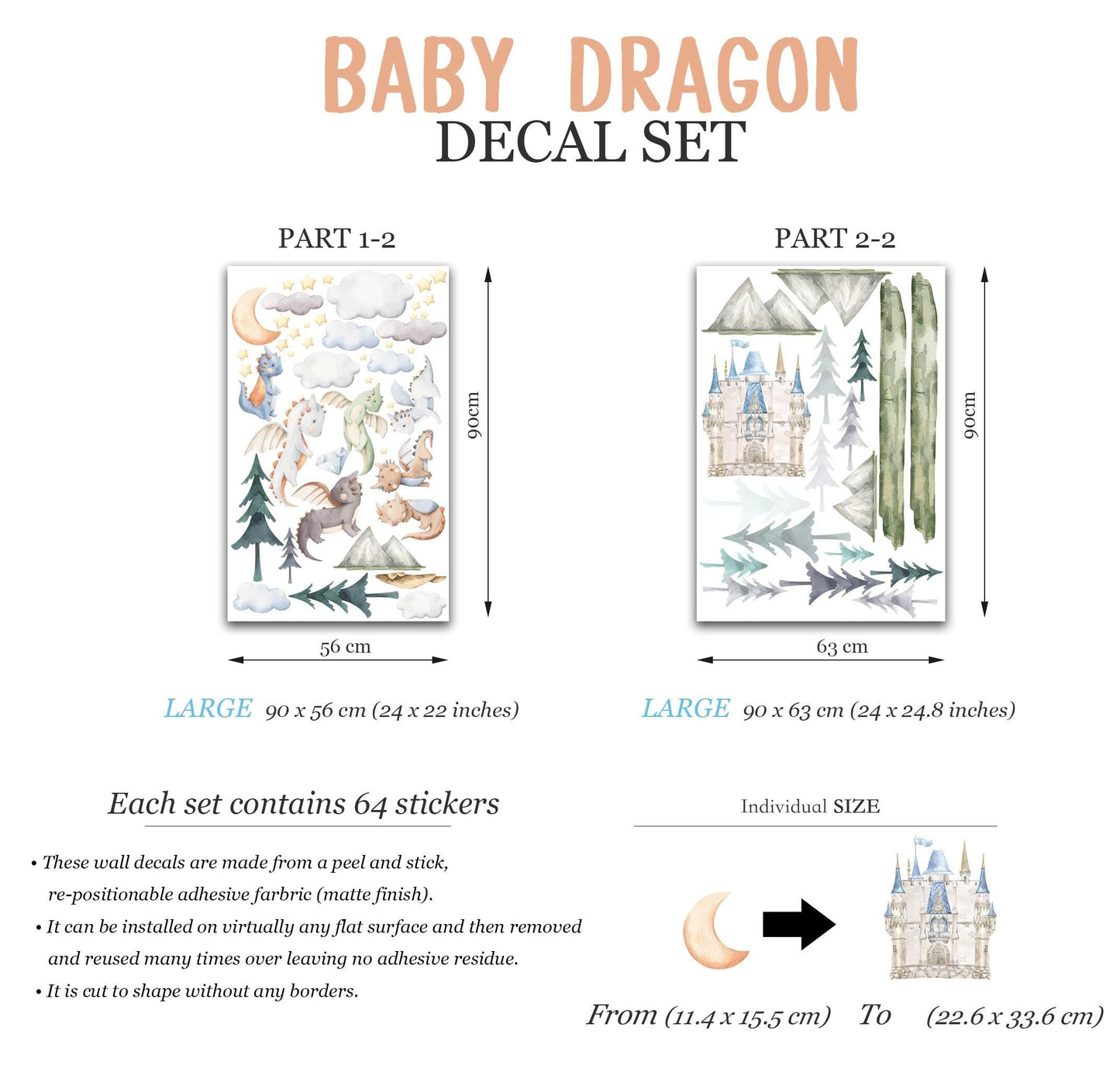 Baby Dragons Wall Decal: Dragons Flying over Cloud Guarding Castle - Kids Room Decor - BR502
