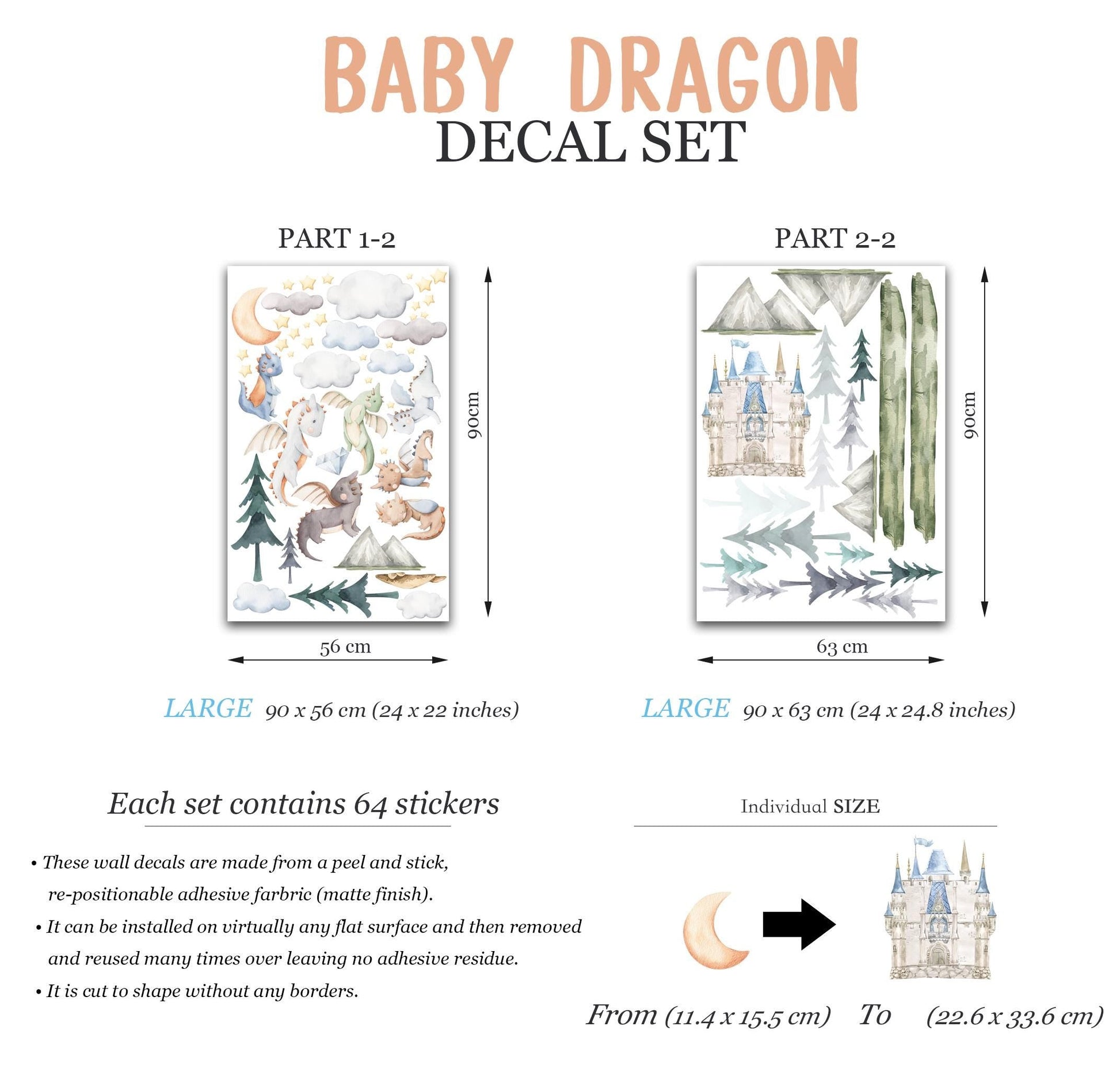Baby Dragons Wall Decal: Dragons Flying over Cloud Guarding Castle - Kids Room Decor - BR502