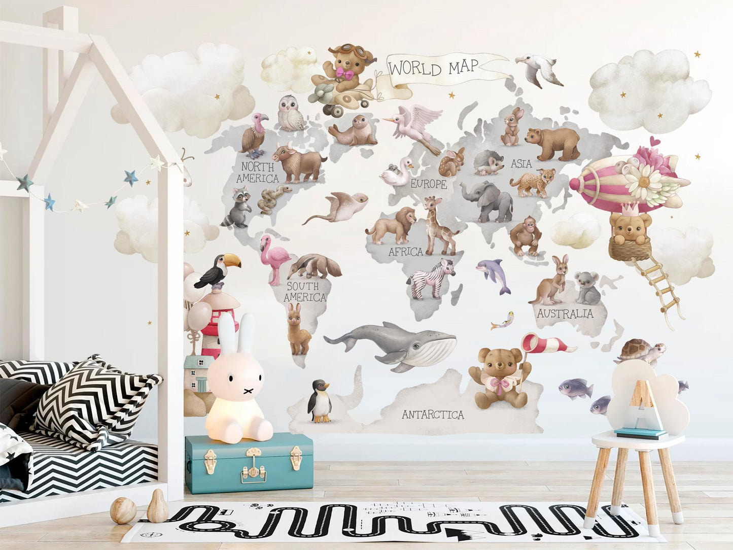 World Animal Map Wall Decal: Giraffe, Koala, Whale & More - Kids Room Decor-BR503