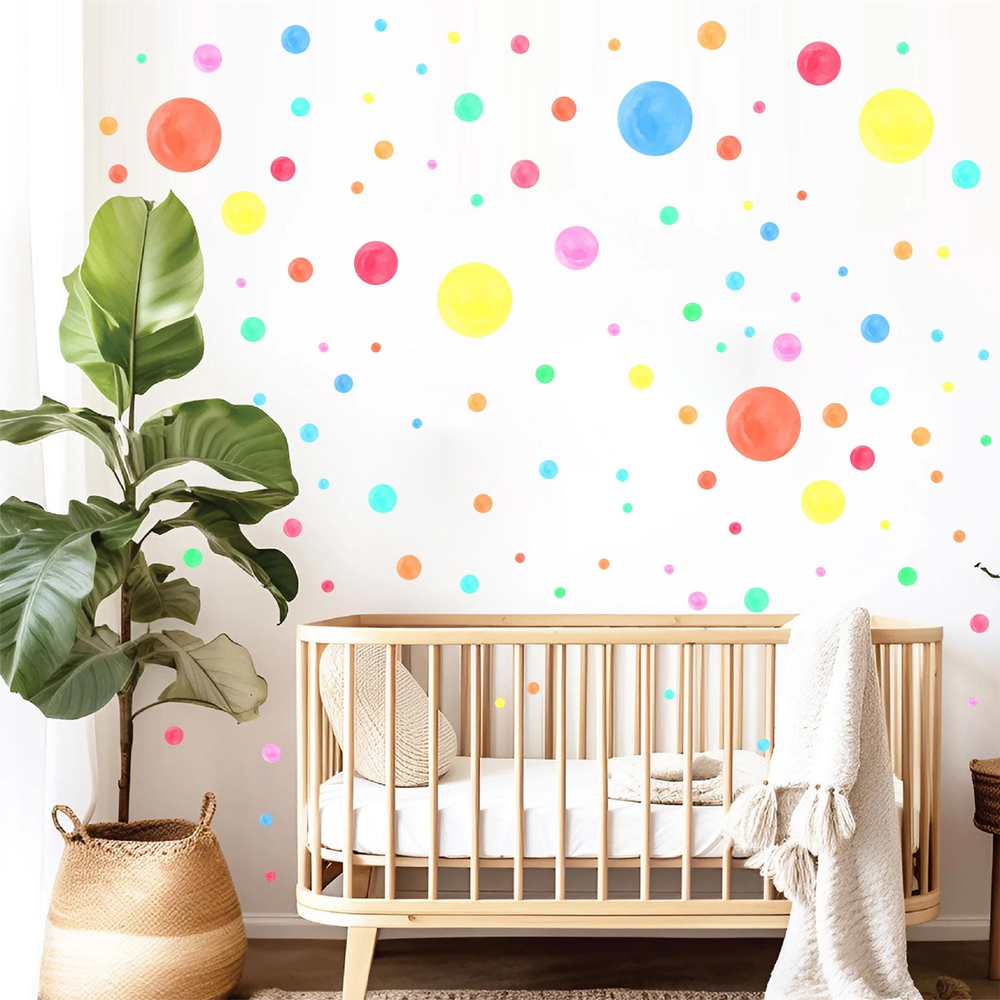 Bright Rainbow Polka Dot Wall Decals – 168 PCS Removable Matte Fabric Stickers for Nursery & Kids' Room