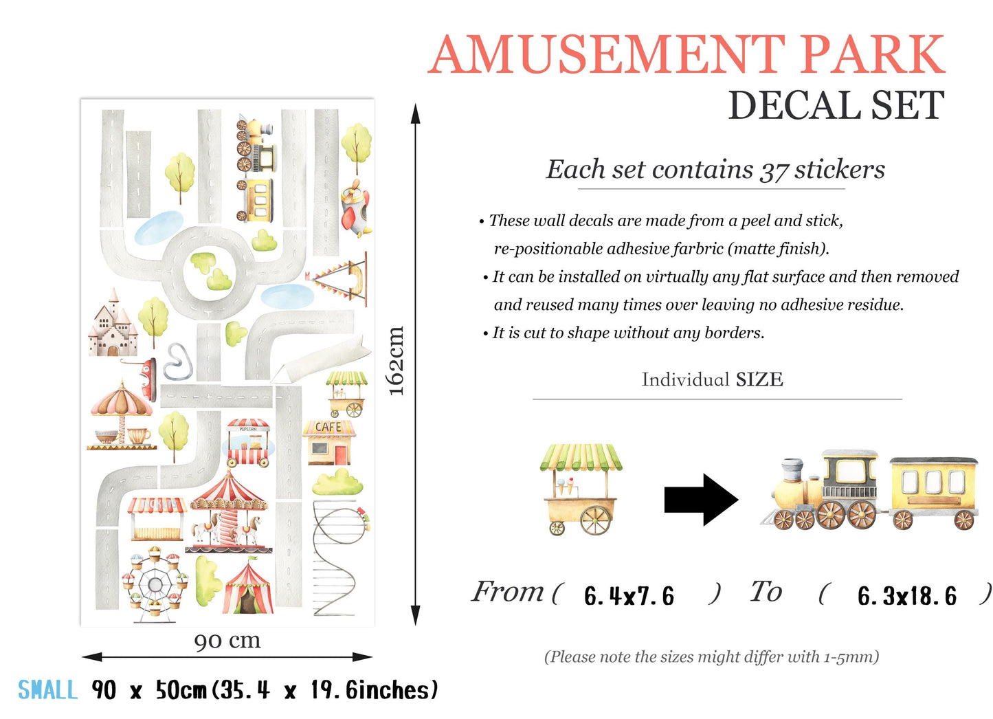 Amusement Park Wall Decal Set - Carnival Nursery Decor, Fabric Peel and Stick Kids Wall Stickers for Kids Room or Nursery - BR499