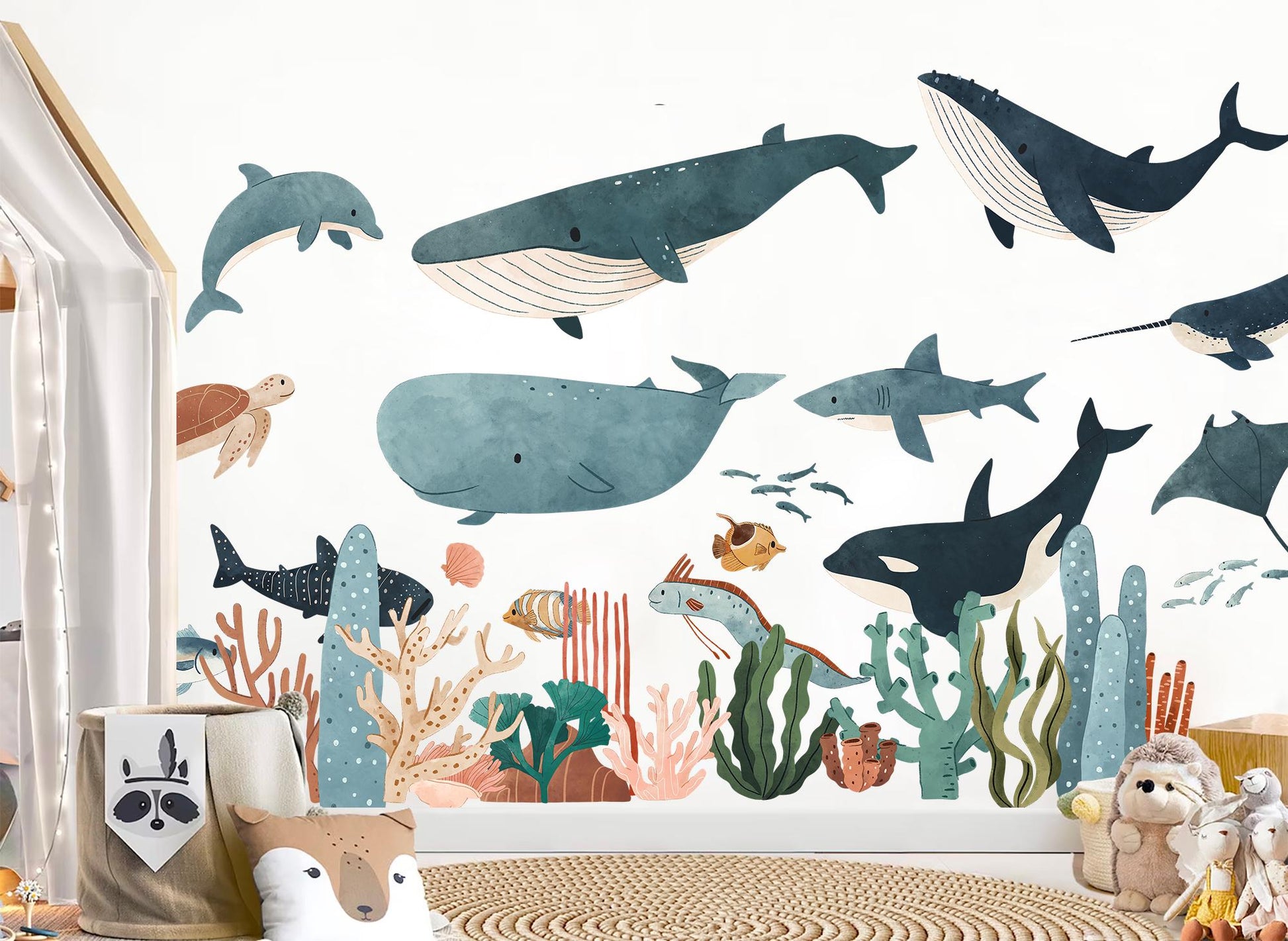 Underwater Ocean Whale Shark Wall Decals – Watercolor Sea Life Nursery Fabric Stickers – Kids Room Removable Mural