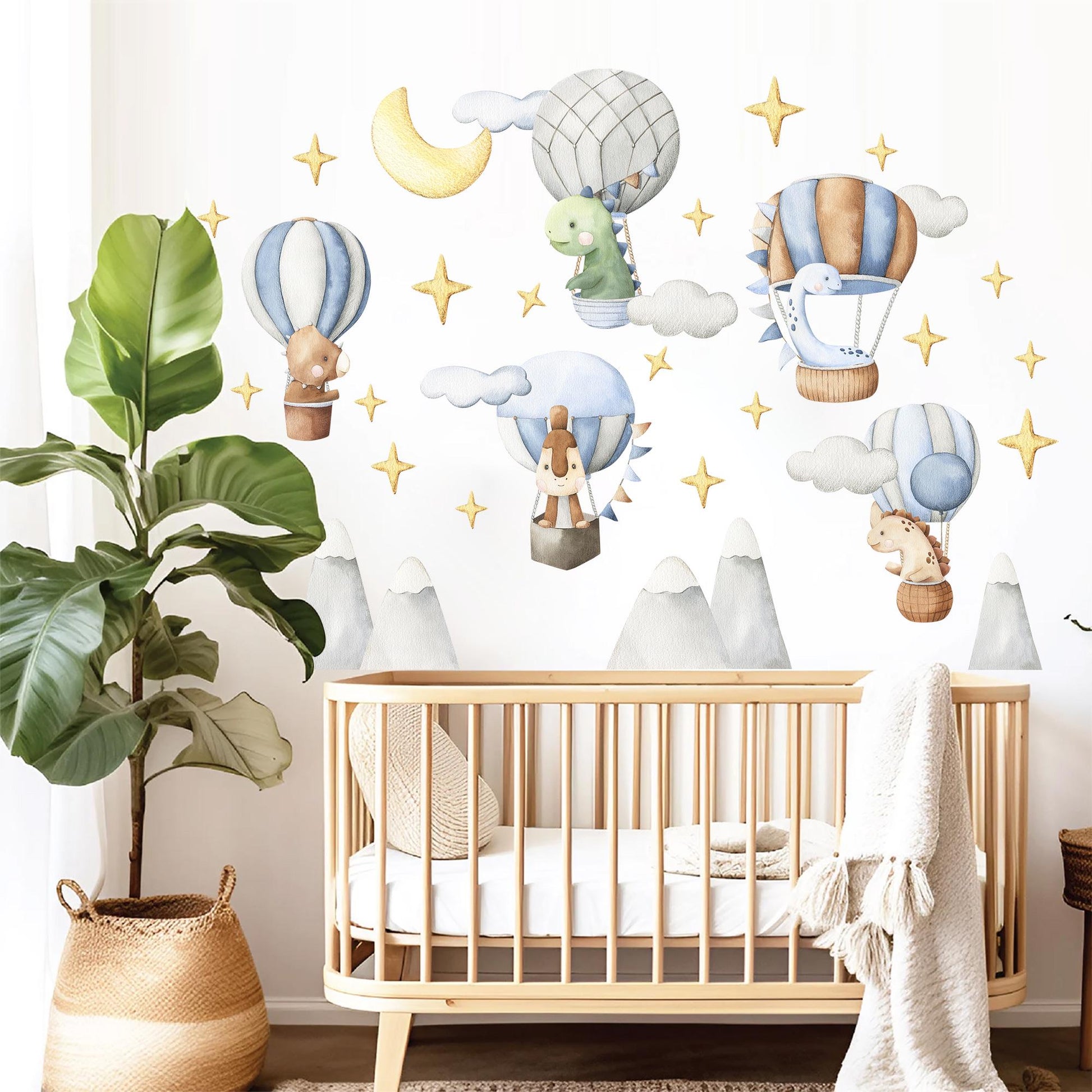 Watercolor Dinosaur Hot Air Balloon Wall Decals – Removable Cute Dino Stickers – Dreamy Wall Art for Nursery, Playroom or Kids Room