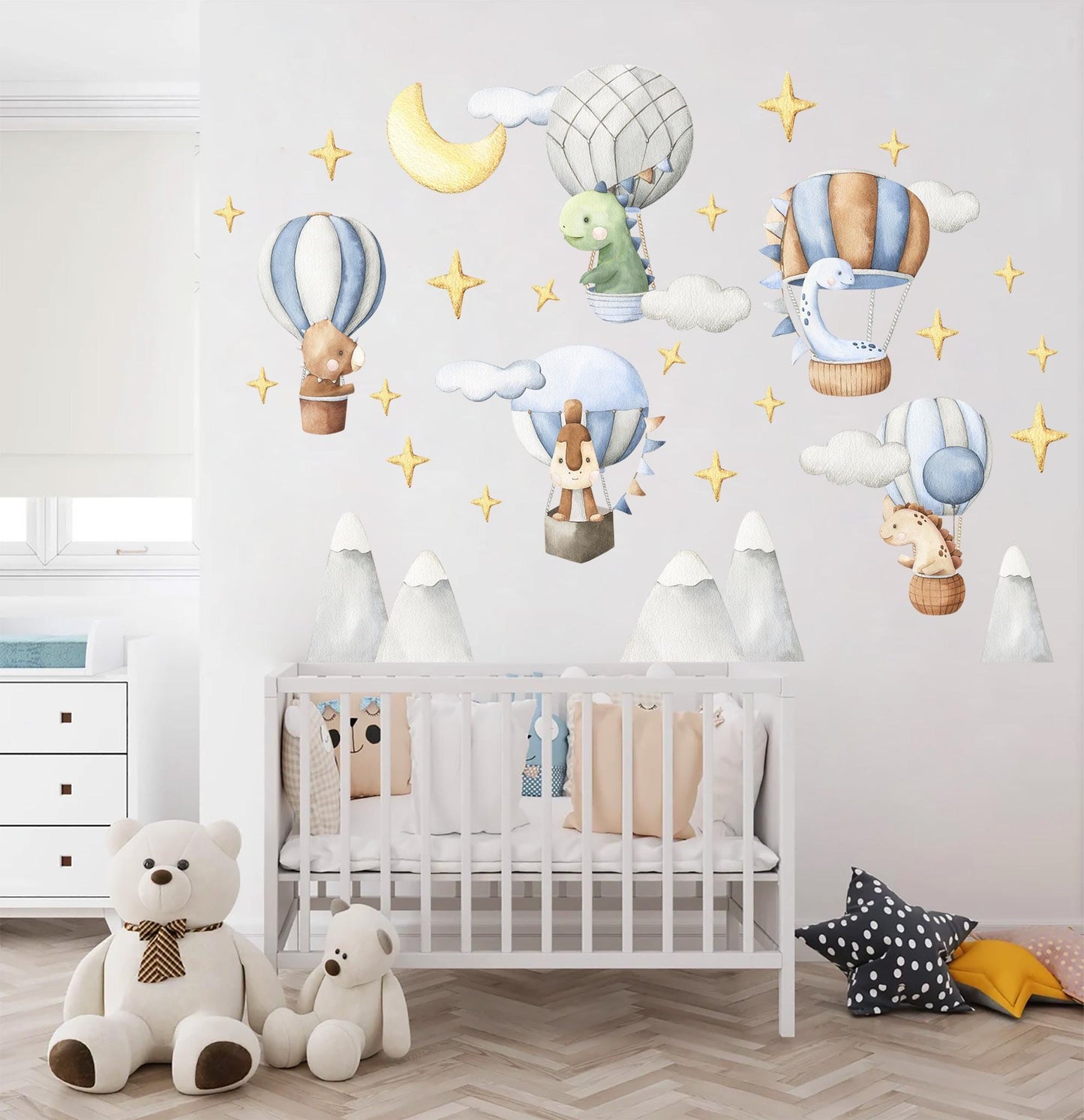 Watercolor Dinosaur Hot Air Balloon Wall Decals – Removable Cute Dino Stickers – Dreamy Wall Art for Nursery, Playroom or Kids Room