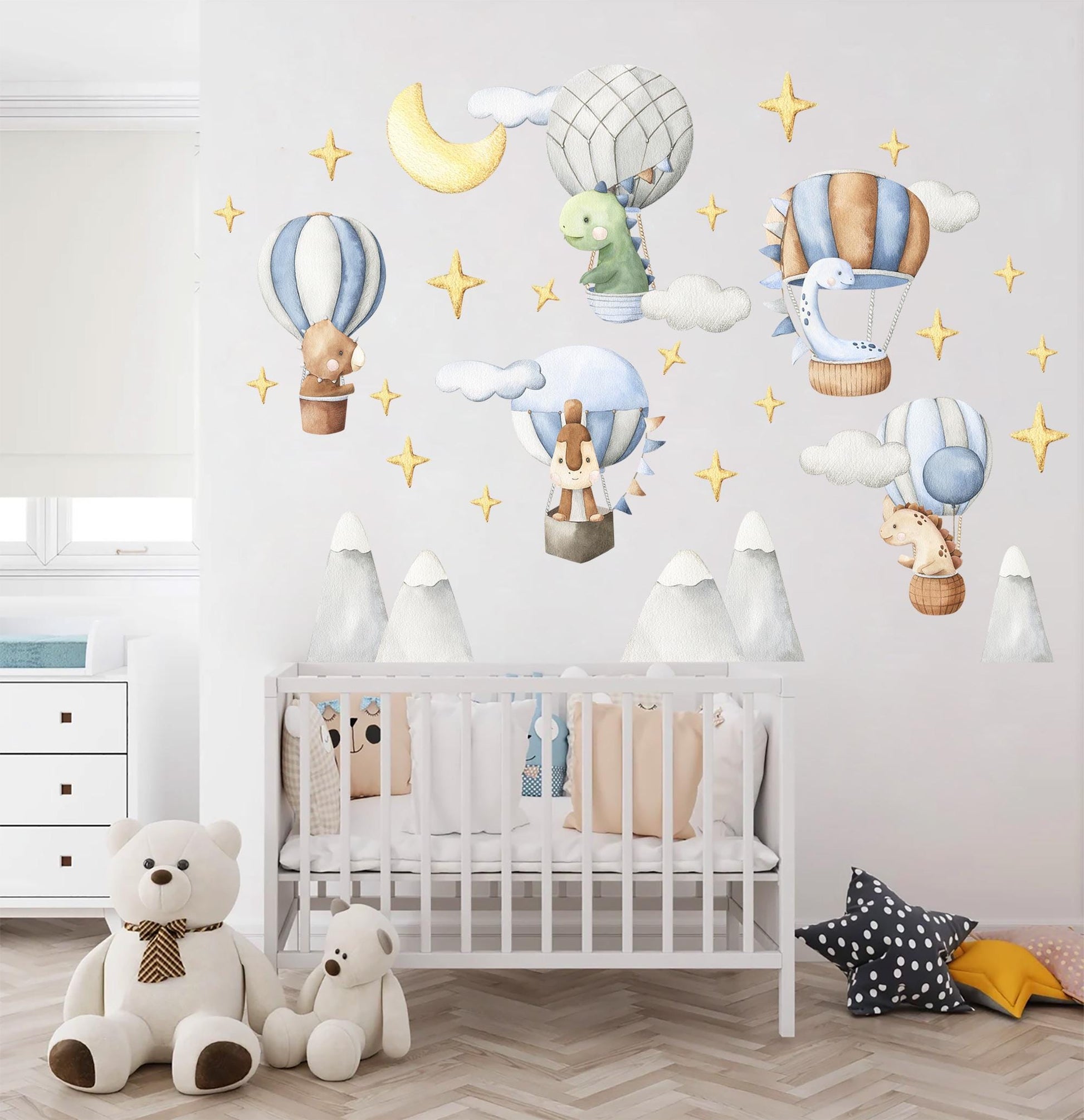 Watercolor Dinosaur Hot Air Balloon Wall Decals – Removable Cute Dino Stickers – Dreamy Wall Art for Nursery, Playroom or Kids Room