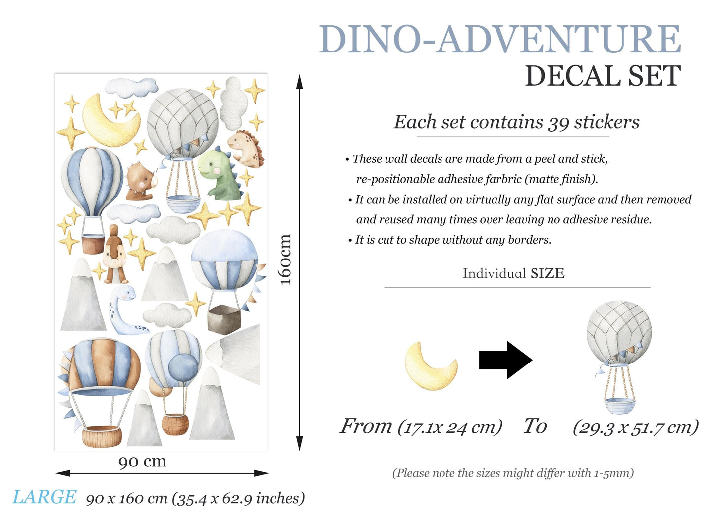 Watercolor Dinosaur Hot Air Balloon Wall Decals – Removable Cute Dino Stickers – Dreamy Wall Art for Nursery, Playroom or Kids Room