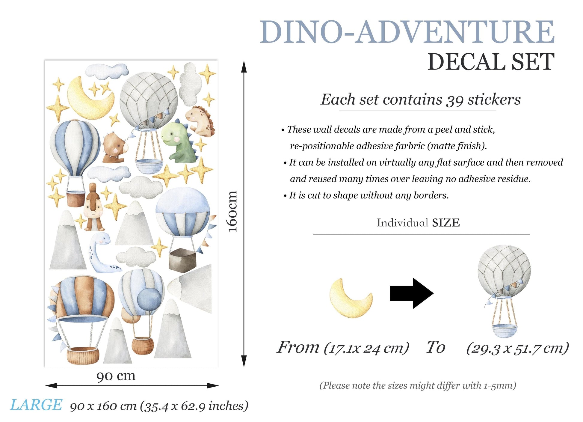 Watercolor Dinosaur Hot Air Balloon Wall Decals – Removable Cute Dino Stickers – Dreamy Wall Art for Nursery, Playroom or Kids Room
