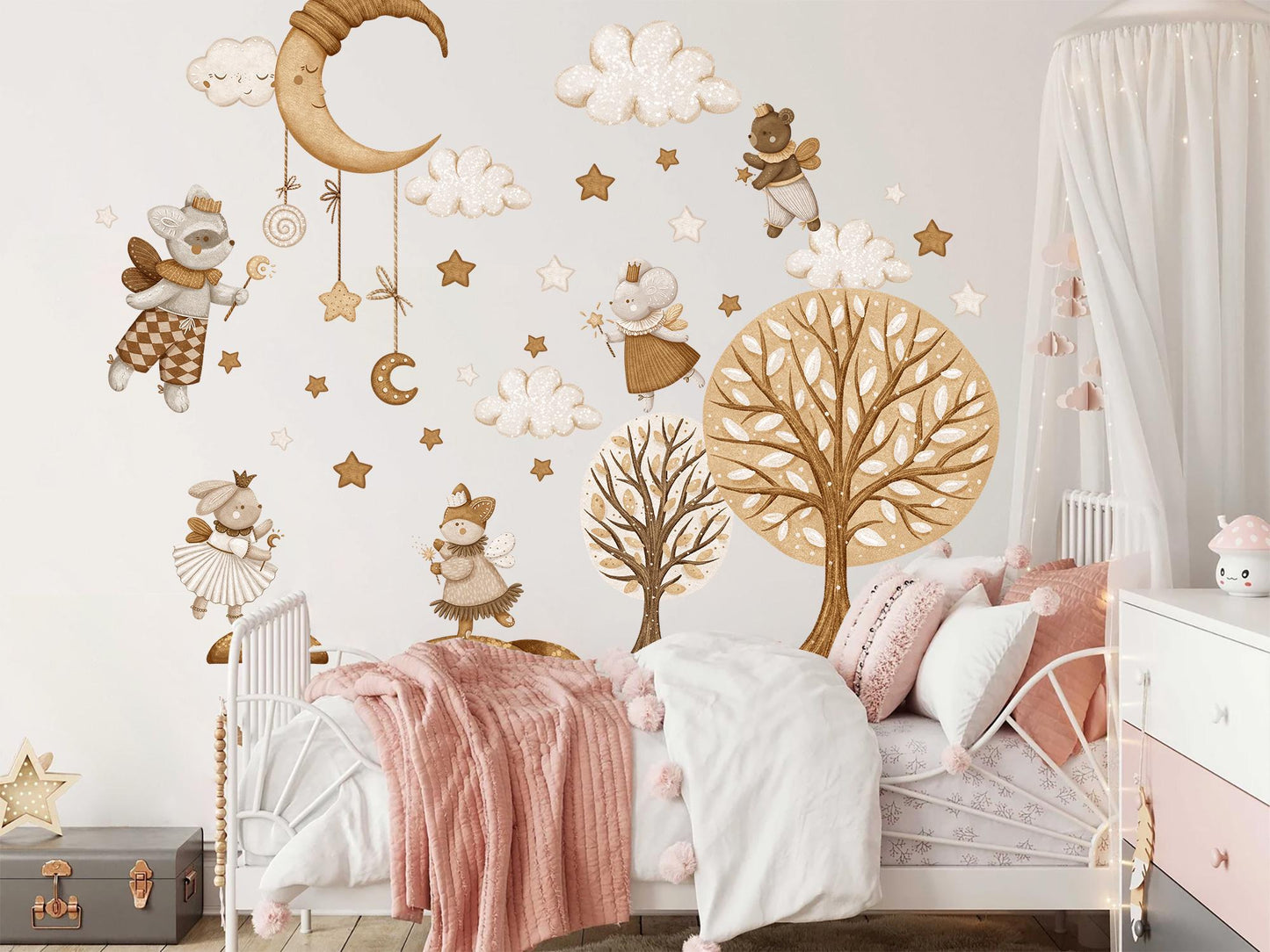 Watercolor Goodnight Animal Wall Decals – Removable Sleepy Forest Fairy Stickers – Dreamy Nighttime Wall Art for Nursery or Kids Room