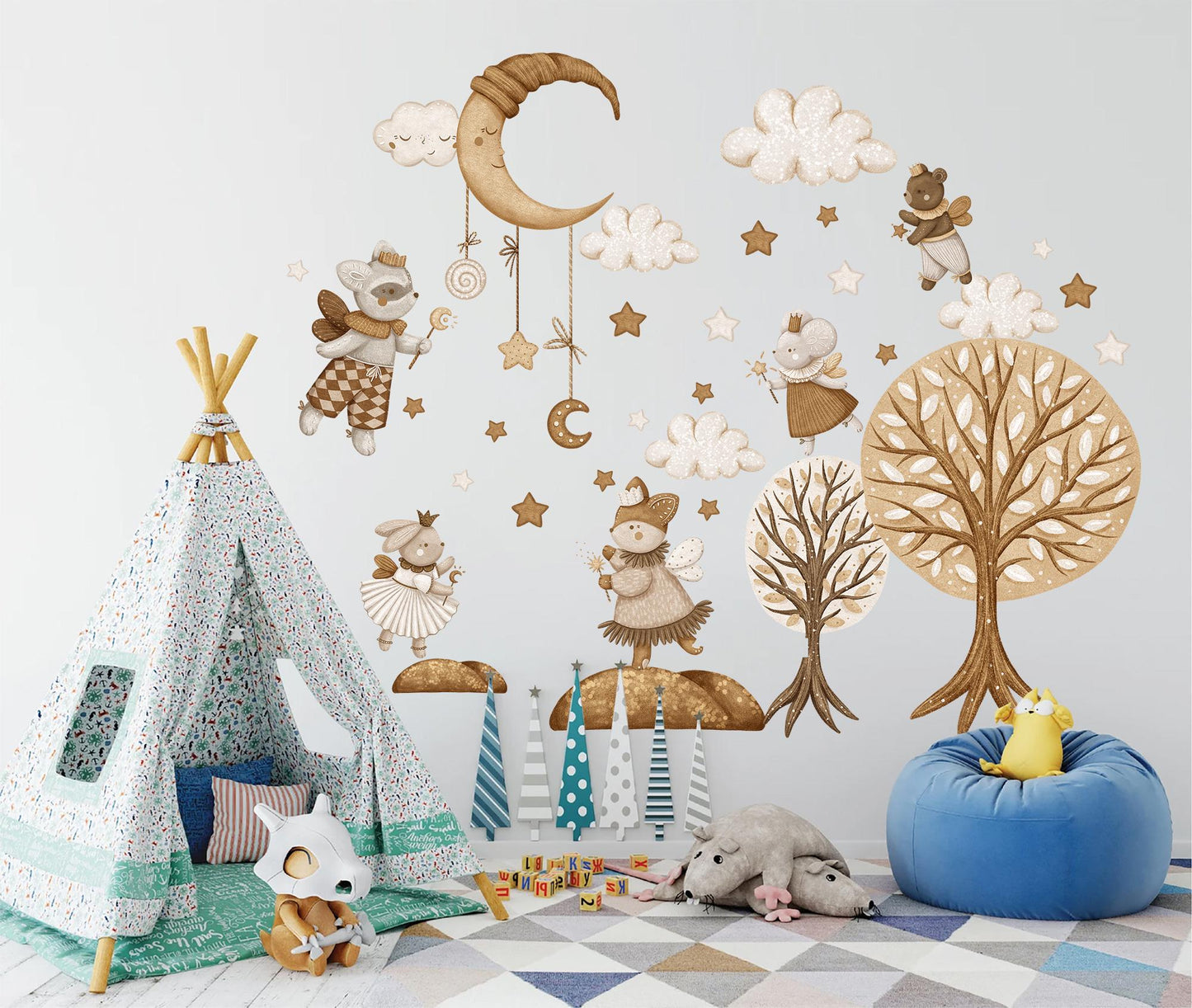 Watercolor Goodnight Animal Wall Decals – Removable Sleepy Forest Fairy Stickers – Dreamy Nighttime Wall Art for Nursery or Kids Room