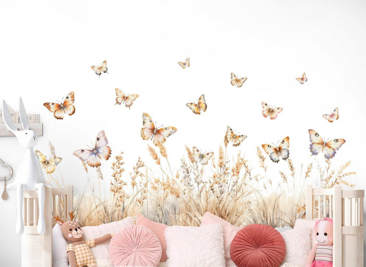 Watercolor Butterfly and Flower Wall Decals – Removable Garden Theme Stickers – Pastel Nature Wall Art for Nursery Room Decor