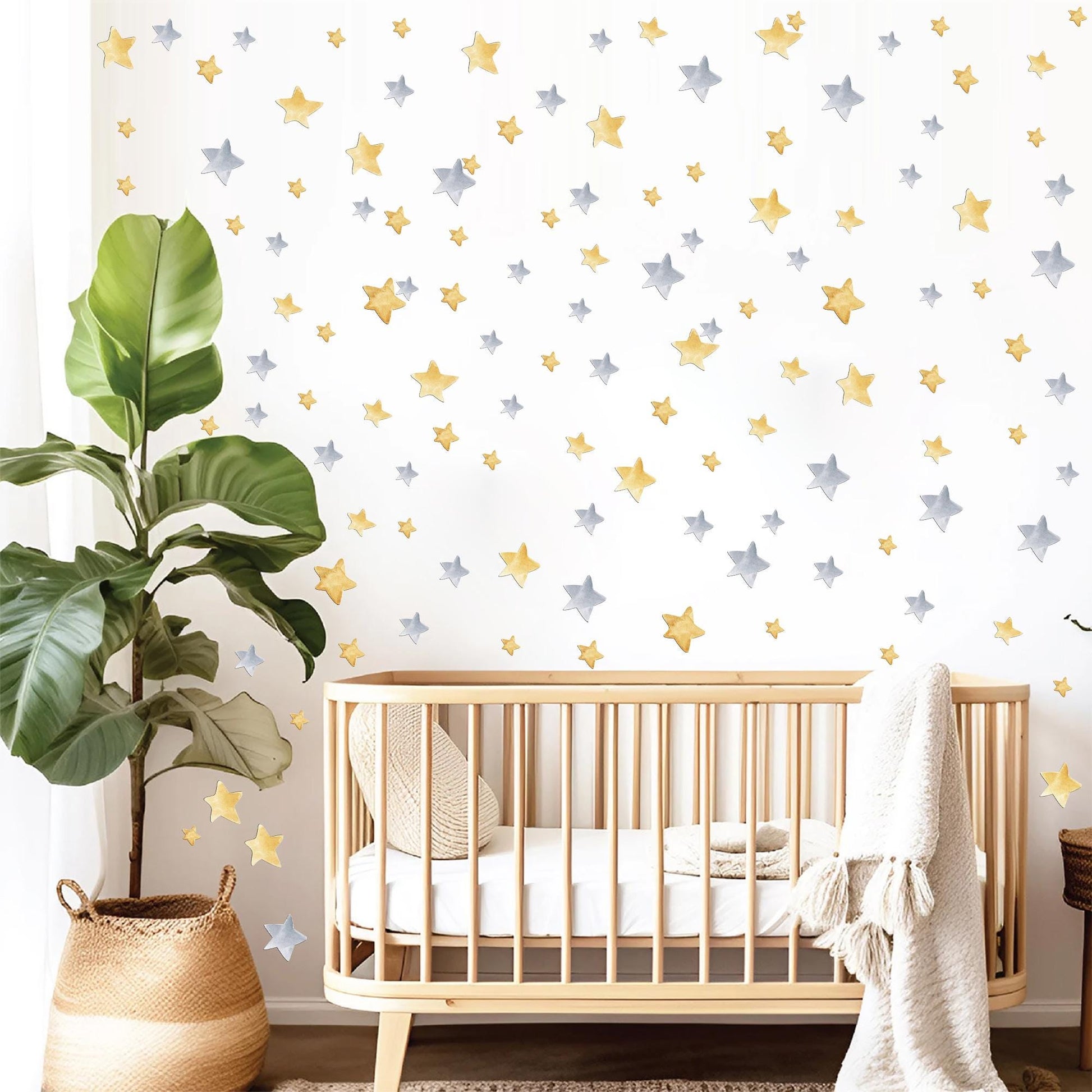 Gold and Silver Star Wall Decals – 124 PCS Watercolor Removable Fabric Stars for Nursery & Kids' Room
