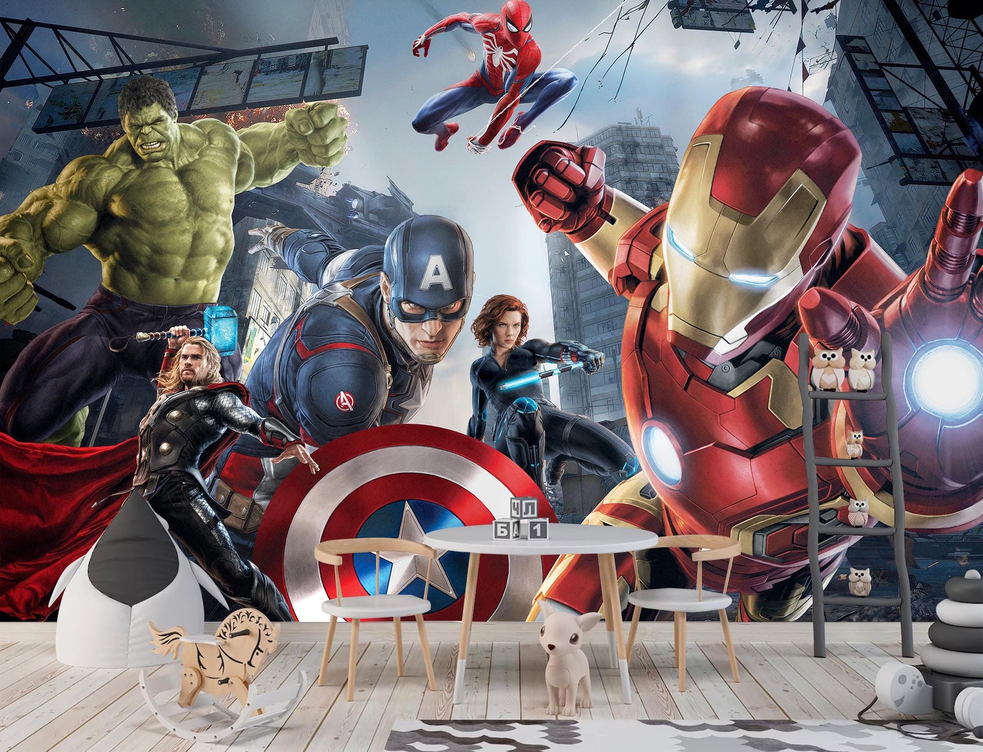 Avengers Superhero Wall Mural for Kids | Hulk Iron Man Spider-Man Wallpaper | Galaxy 3D Break Wall Decal