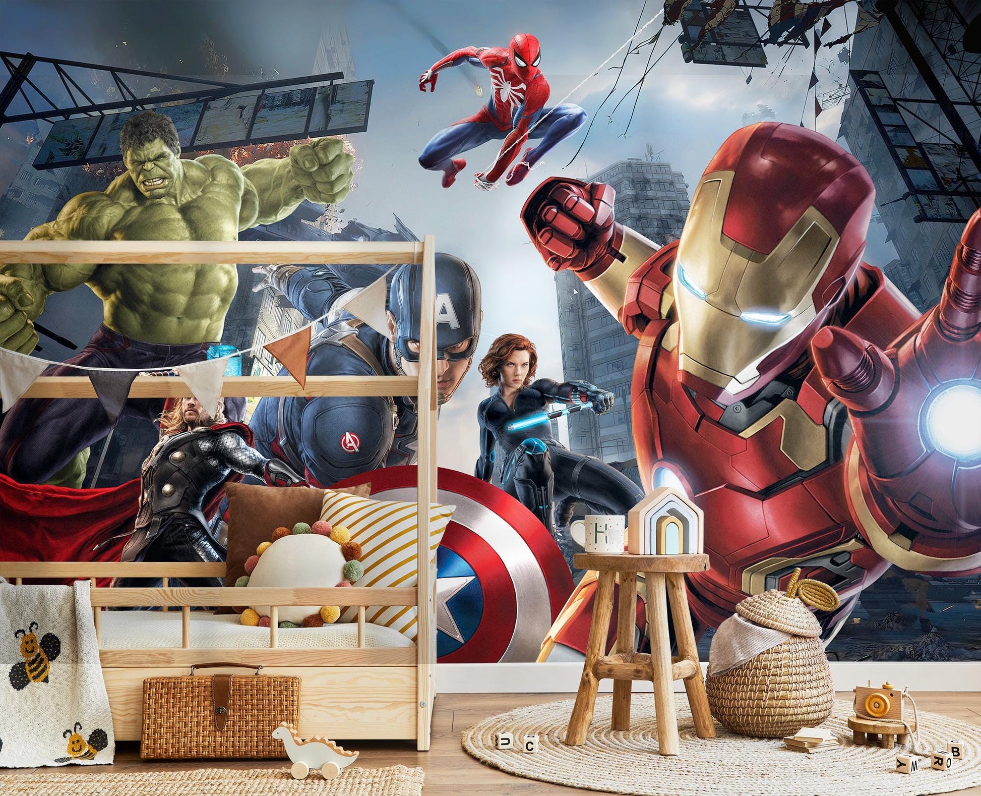 Avengers Superhero Wall Mural for Kids | Hulk Iron Man Spider-Man Wallpaper | Galaxy 3D Break Wall Decal