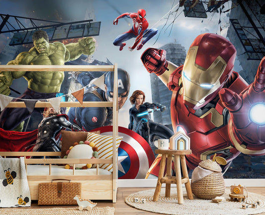 Avengers Superhero Wall Mural for Kids | Hulk Iron Man Spider-Man Wallpaper | Galaxy 3D Break Wall Decal