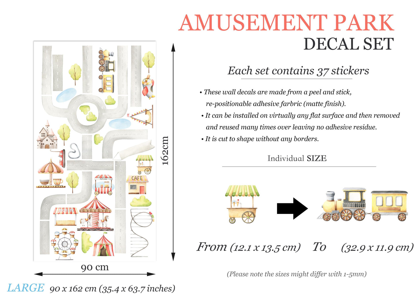 Amusement Park Wall Decal Set - Carnival Nursery Decor, Fabric Peel and Stick Kids Wall Stickers for Kids Room or Nursery - BR499