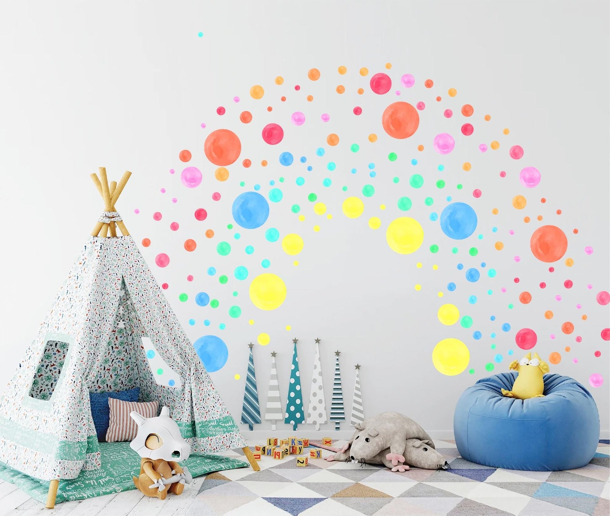 Bright Rainbow Polka Dot Wall Decals – 168 PCS Removable Matte Fabric Stickers for Nursery & Kids' Room