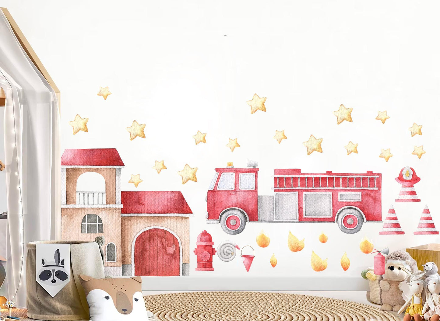 Watercolor Fire Truck Wall Decals – Removable Emergency Vehicle Stickers – Cute Firefighter Wall Art for Kid Nursery room