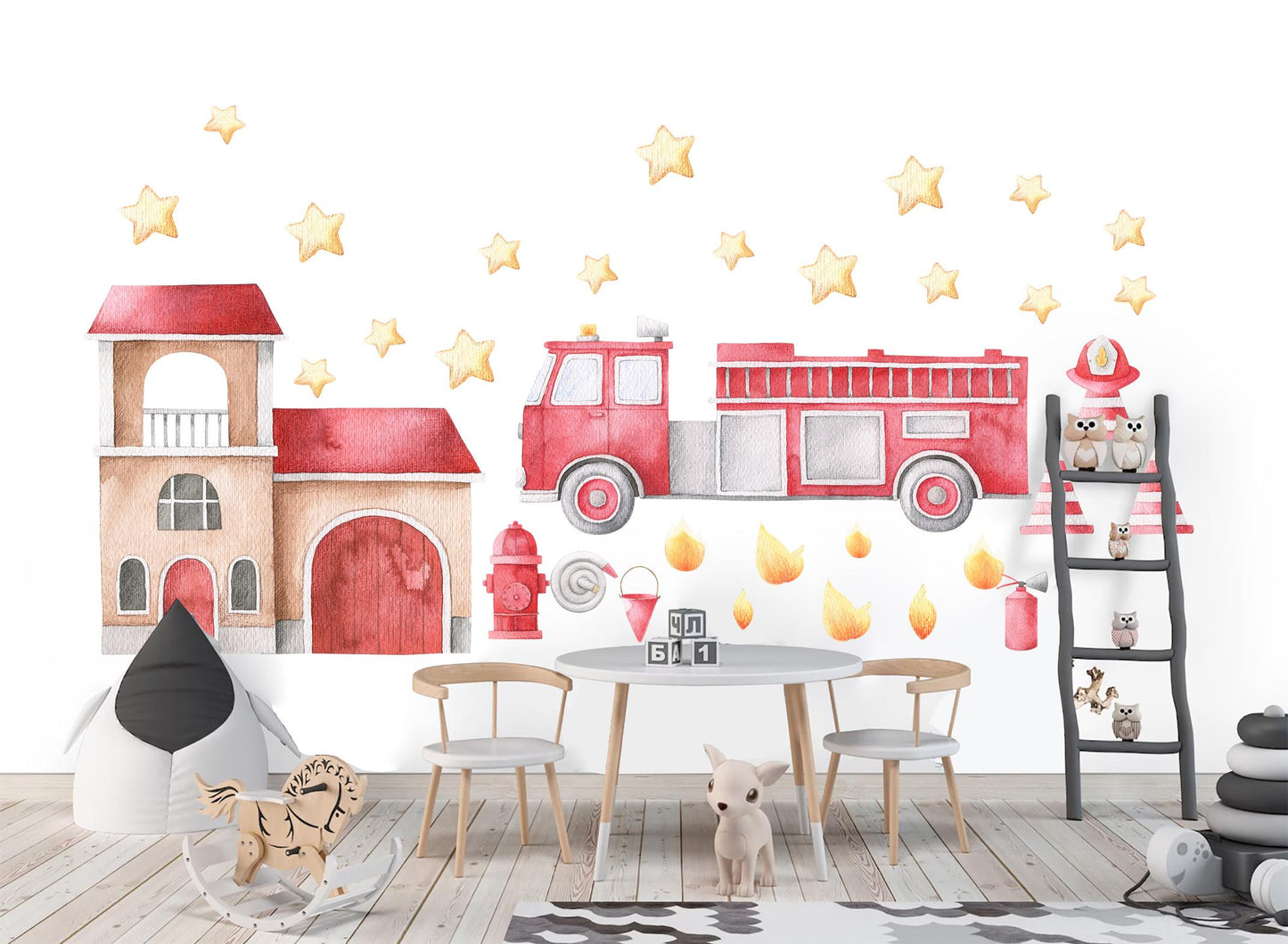 Watercolor Fire Truck Wall Decals – Removable Emergency Vehicle Stickers – Cute Firefighter Wall Art for Kid Nursery room