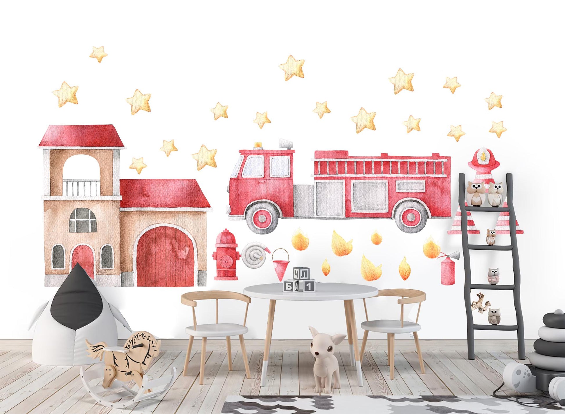 Watercolor Fire Truck Wall Decals – Removable Emergency Vehicle Stickers – Cute Firefighter Wall Art for Kid Nursery room