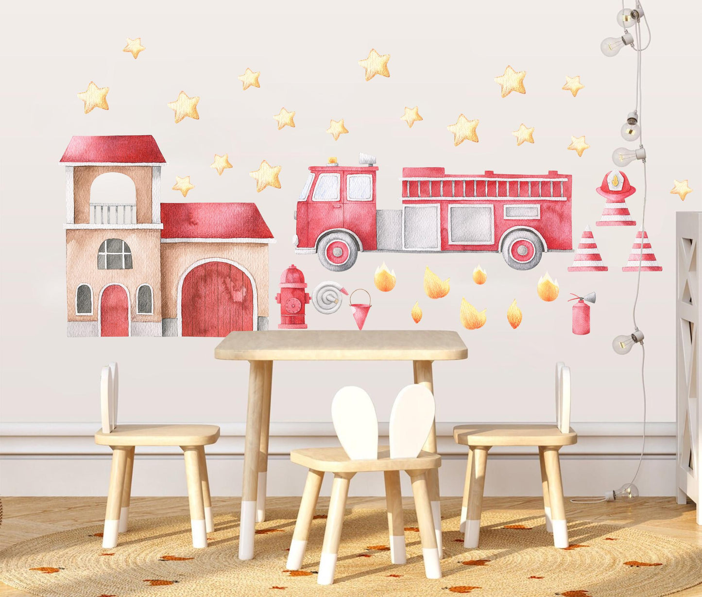 Watercolor Fire Truck Wall Decals – Removable Emergency Vehicle Stickers – Cute Firefighter Wall Art for Kid Nursery room