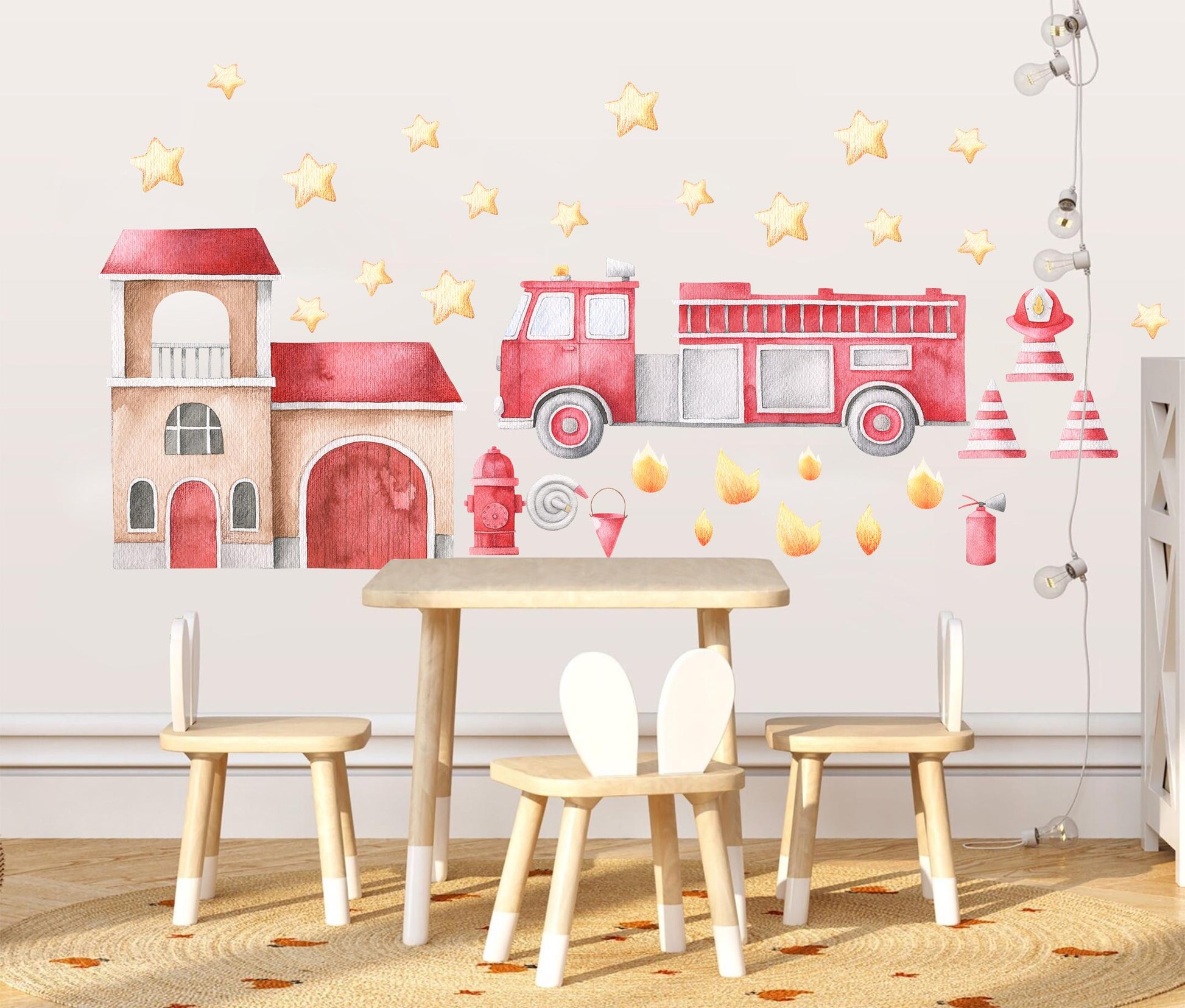 Watercolor Fire Truck Wall Decals – Removable Emergency Vehicle Stickers – Cute Firefighter Wall Art for Kid Nursery room